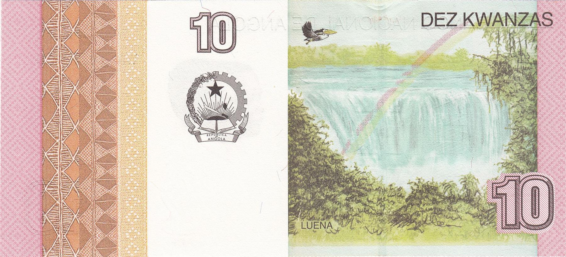 Angola | 10 Kwanzas Banknote | 2012 | José Eduardo dos Santos | António Agostinho Neto | Luena Waterfall
