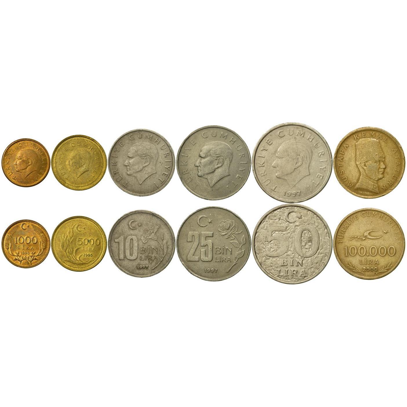 Turkey | 6 Coin Set | 1000 5000 10 000 25 000 50 000 100 000 Lira | 1995 - 2000