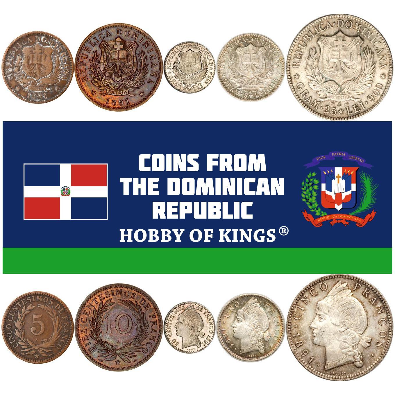 Dominican Republic | 5 Coin Set | 5 10 50 Centesimos 1 Franc 5 Francs | Bible | Cross | Indian | Liberty | 1891