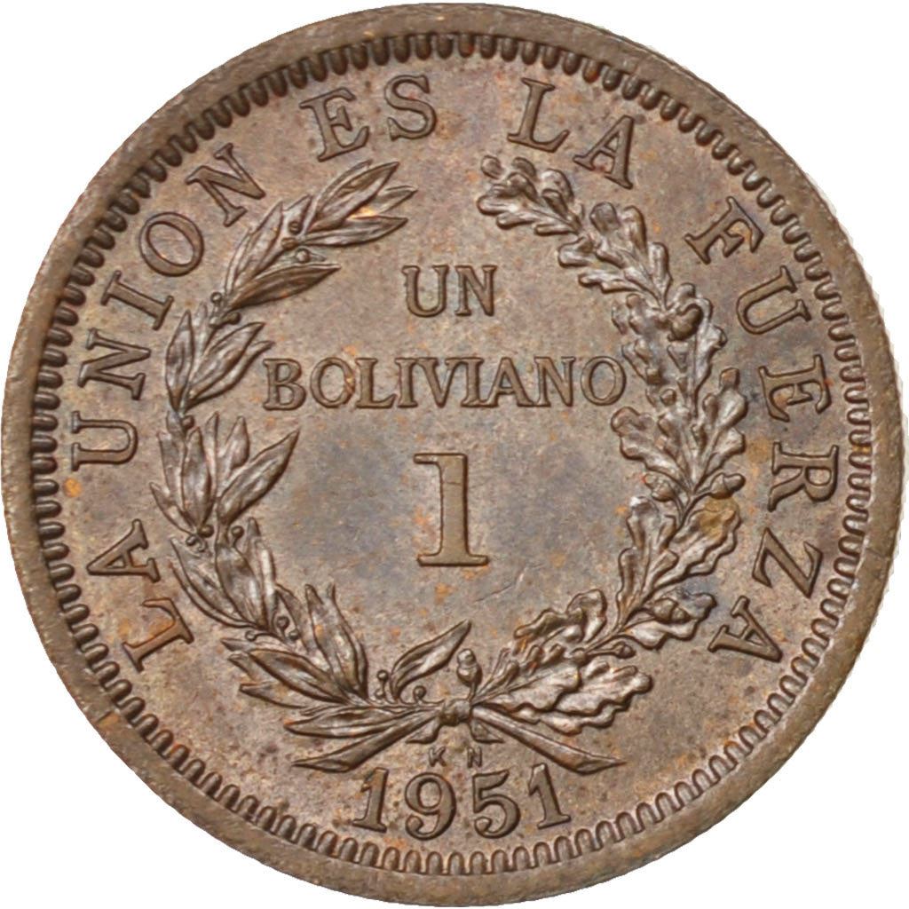 Bolivia | 1 boliviano-mønt | Bronze | Våbenskjold | KM:184 | 1951