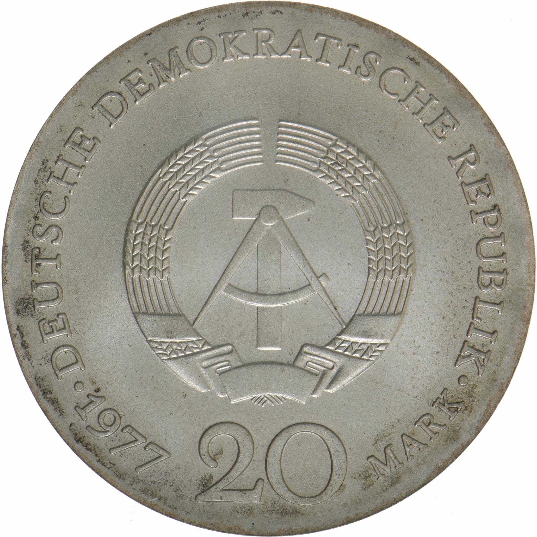 German Democratic Republic | 20 Mark Coin | Carl Friedrich Gauss | KM:66 | 1977