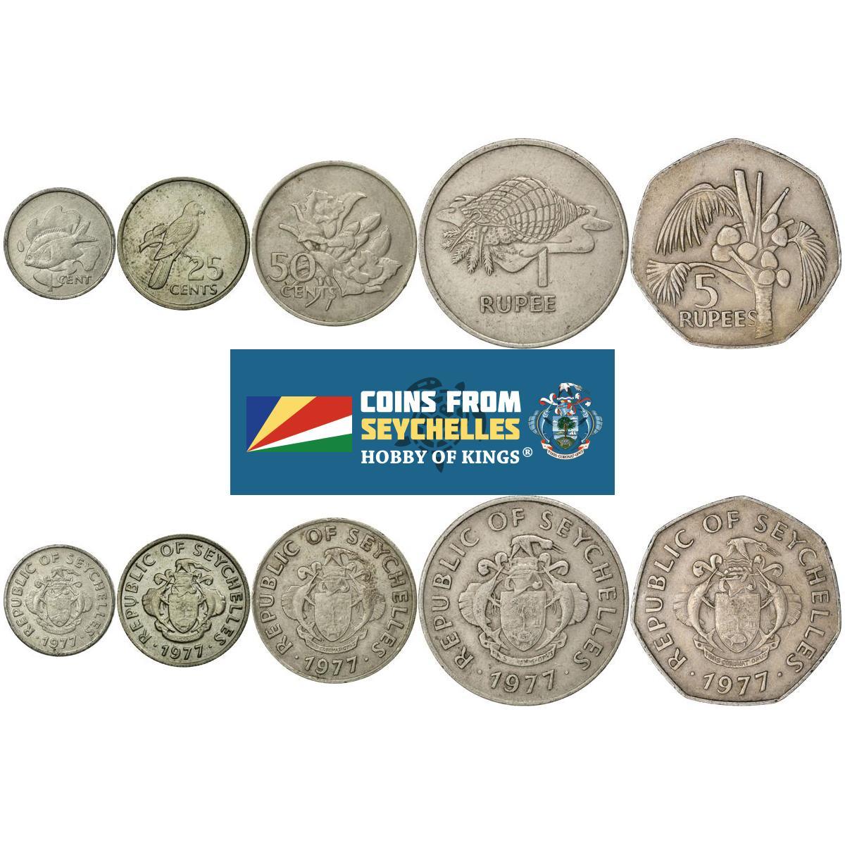 Set 5 Coins Seychelles 1 25 50 Cents 1 5 Rupees 1977