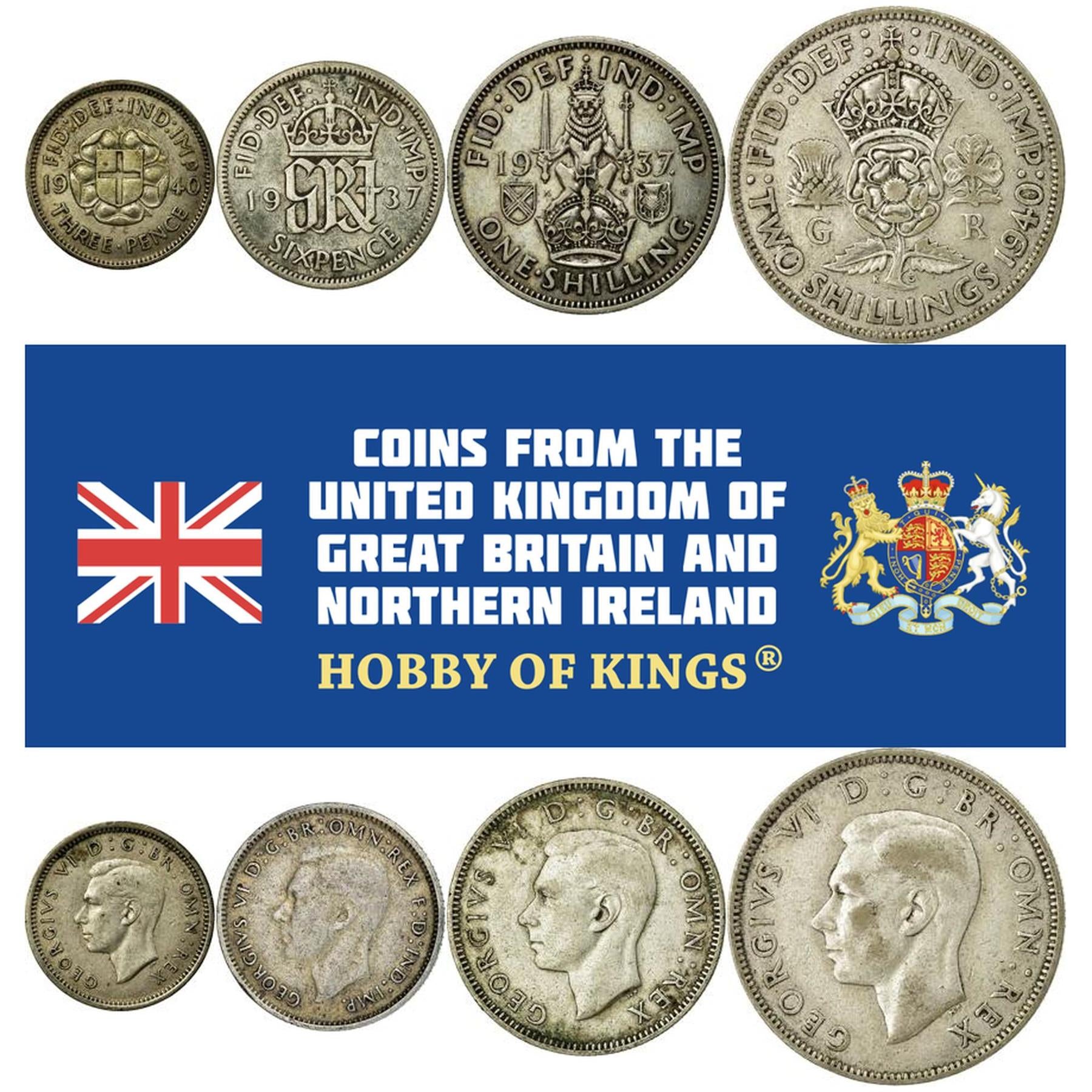 United Kingdom | 4 Coin Set | 3 6 Pence 1 Shilling 2 Shillings | 1937 - 1946