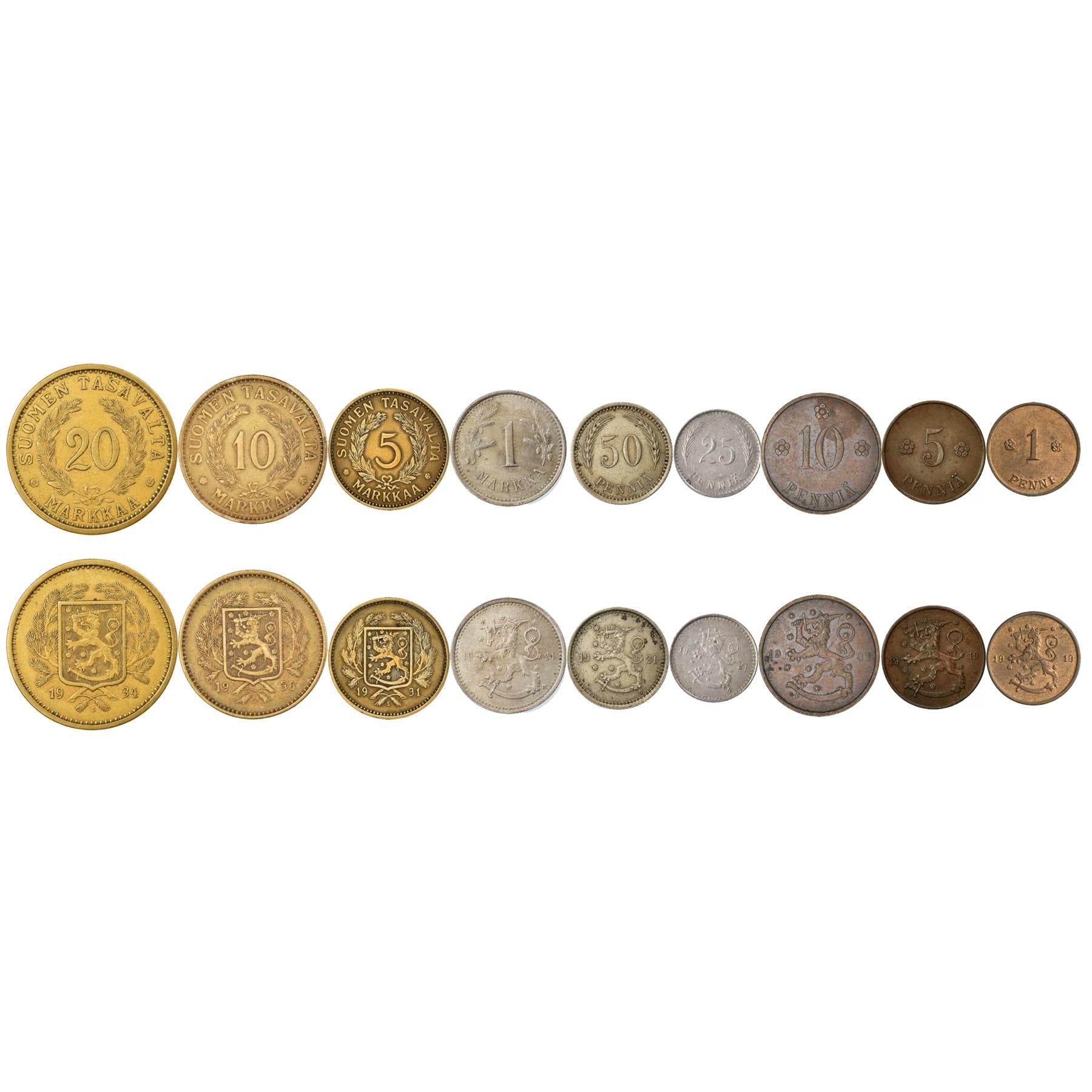 Finnish 9 Coin Set 1 5 10 25 50 Pennia 1 5 10 20 Markkaa | Rose | Finland | 1918 - 1940