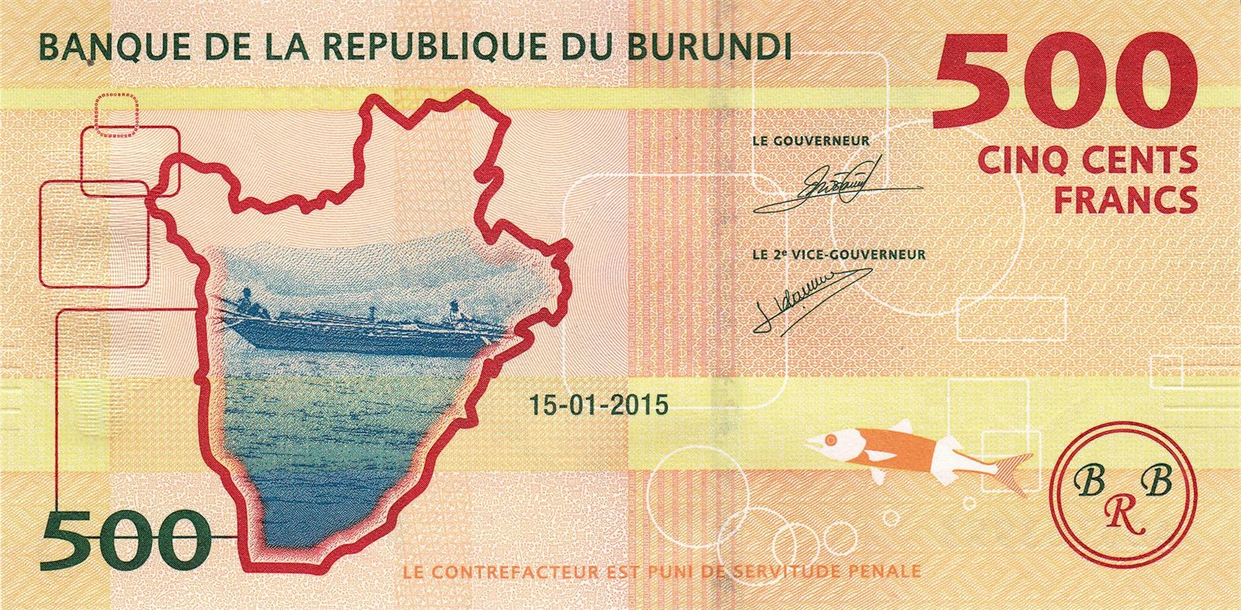 Burundi | 500 Francs Banknote | 2015 - 2023 | Coffee Branch | Crocodile | Map of Burundi