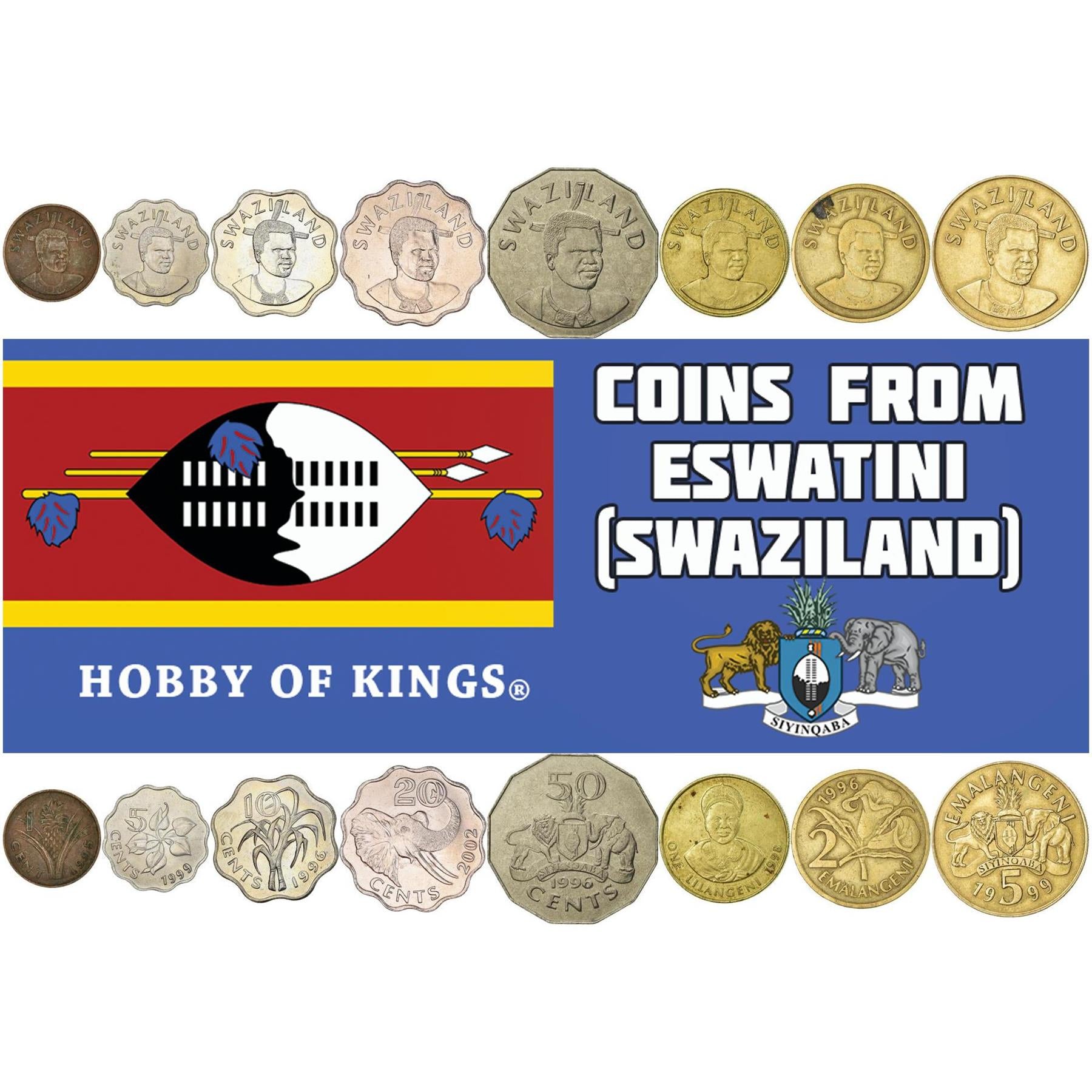 Kingdom of Swaziland | 8 Coin Set | 1 Cent 5 10 20 50 Cents 1 Lilangeni 2 5 Emalangeni | 1995 - 2010