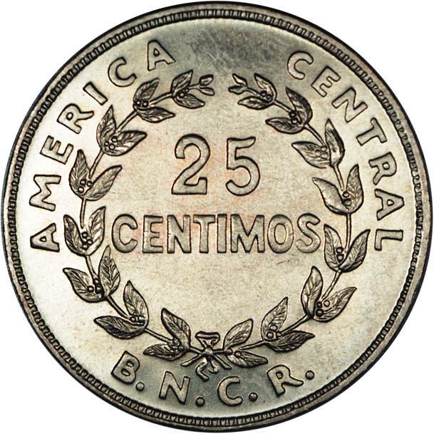 Costa Rica 25 Centimos Coin | Stars | Volcno | Ship | Sun | KM175 | 1937 - 1948