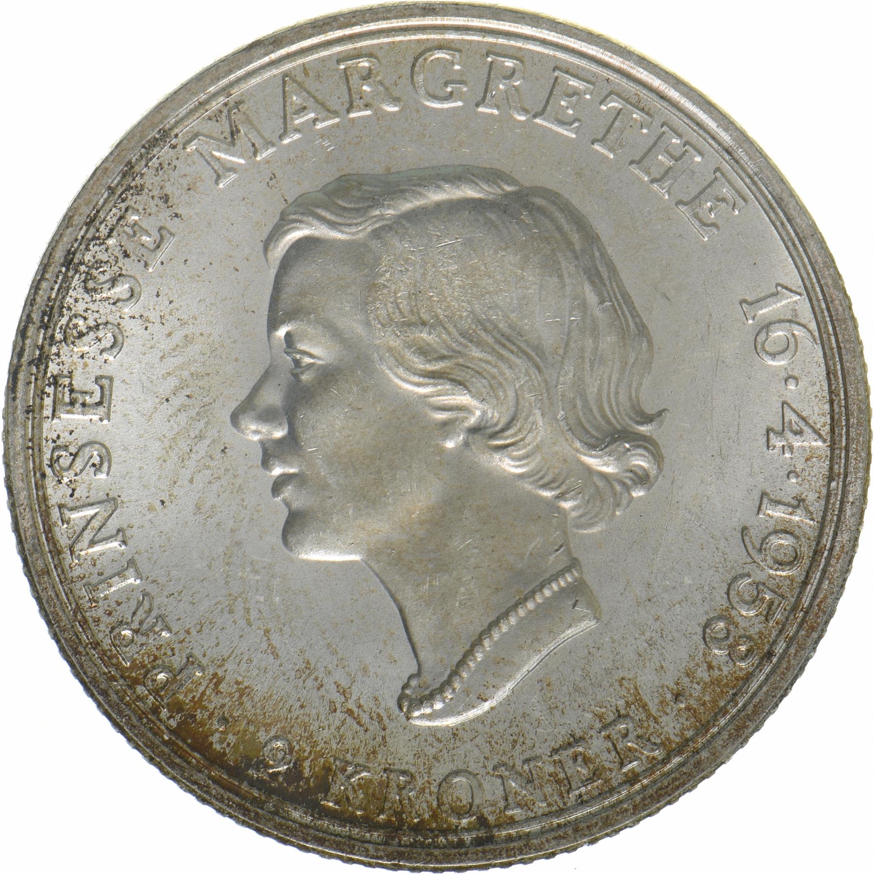 Denmark | 2 Kroner Coin | Silver | Princess Margrethe's 18th Birthday | KM:845 | 1958