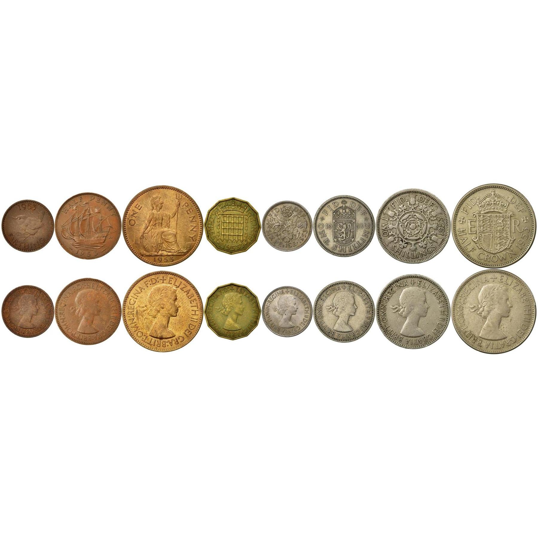 United Kingdom | 8 Coin Set | 1 Farthing 1/2 1 Penny 3 6 Pence 1 Shilling 2 Shillings 1/2 Crown | 1953