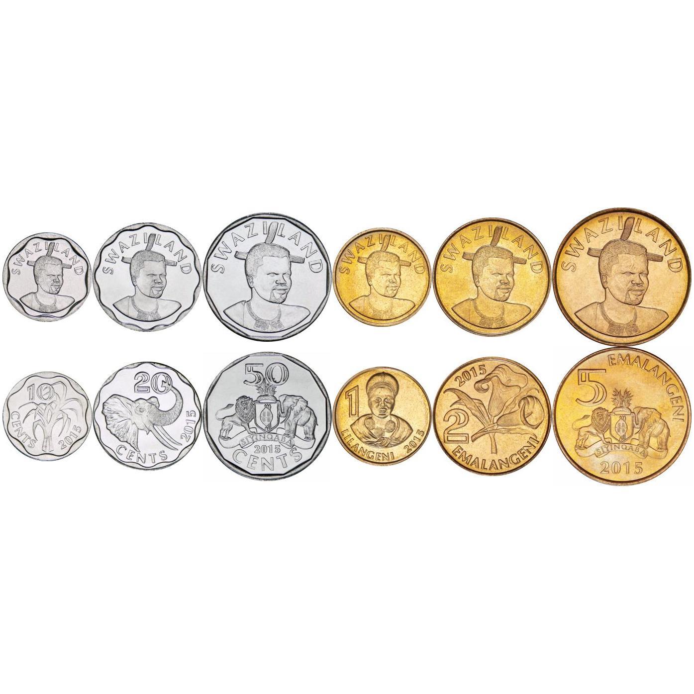 Kingdom of Swaziland | 6 Coin Set | 10 20 50 Cents 1 Lilangeni 2 5 Emalangeni | 2015