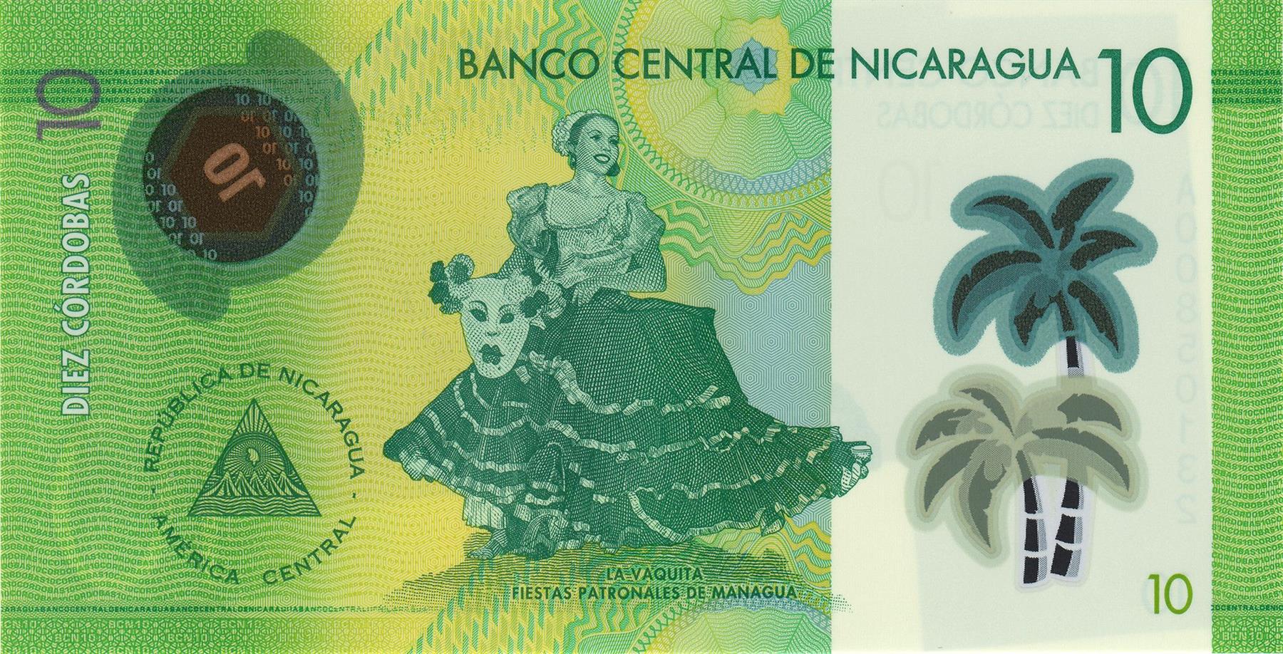 Nicaragua | 10 Cordobas Banknote | 2014 - 2022 | Puerta Salvador Allende | Fiestas Patronales De Managua Dancer | Palm Trees