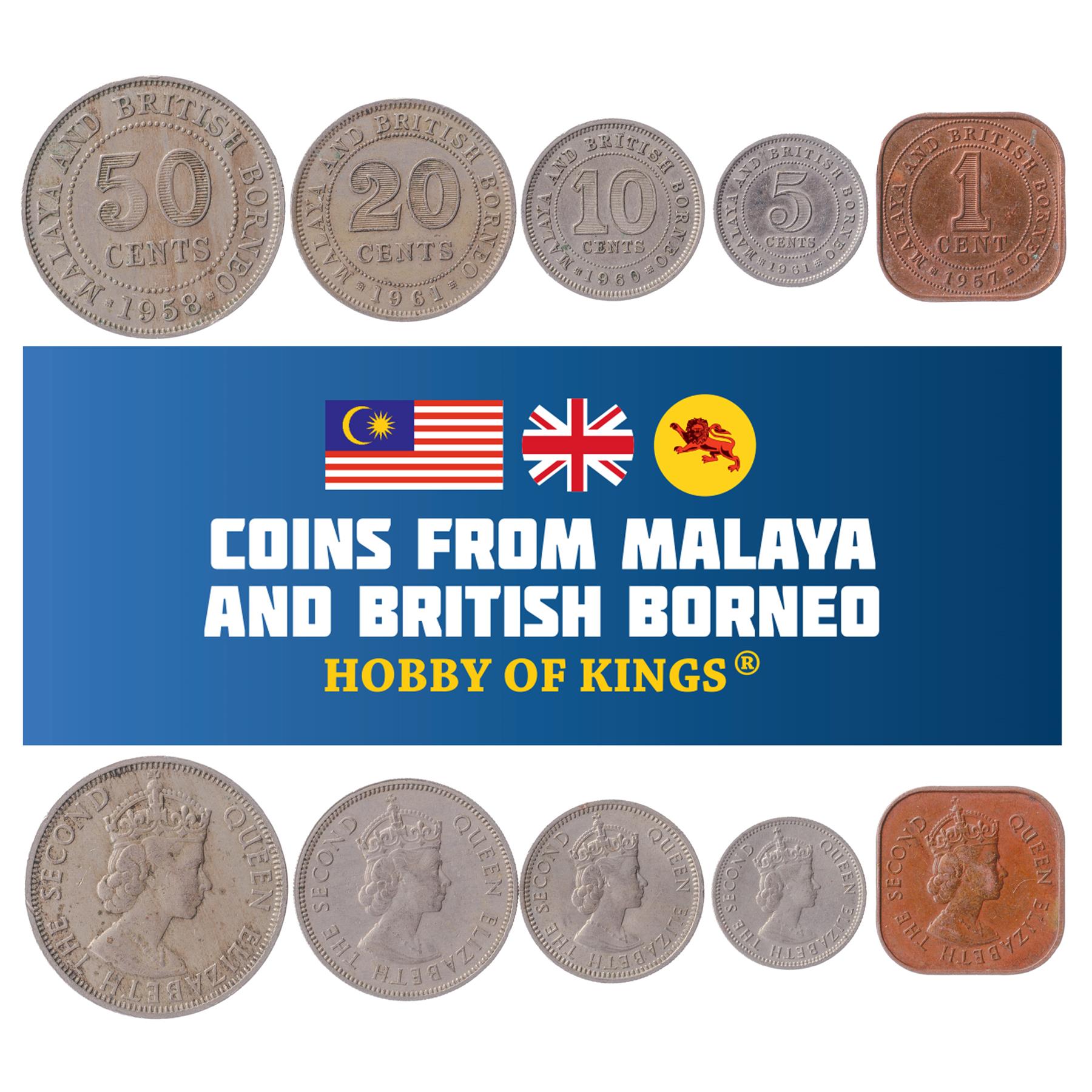 Malaya and British Borneo | 5 Coin Set | 1 Cent 5 10 20 50 Cents | 1953 - 1961