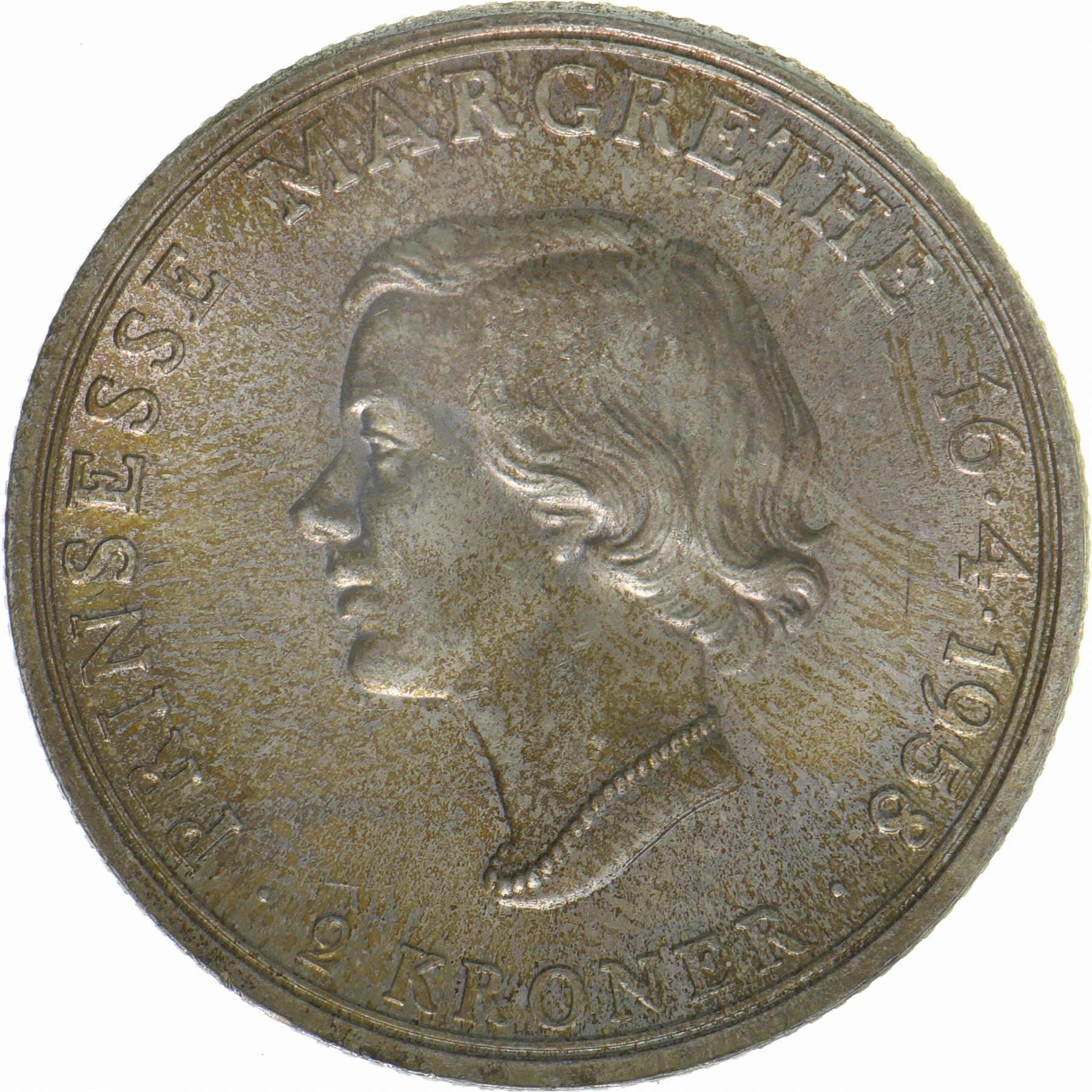 Denmark | 2 Kroner Coin | Silver | Princess Margrethe's 18th Birthday | KM:845 | 1958