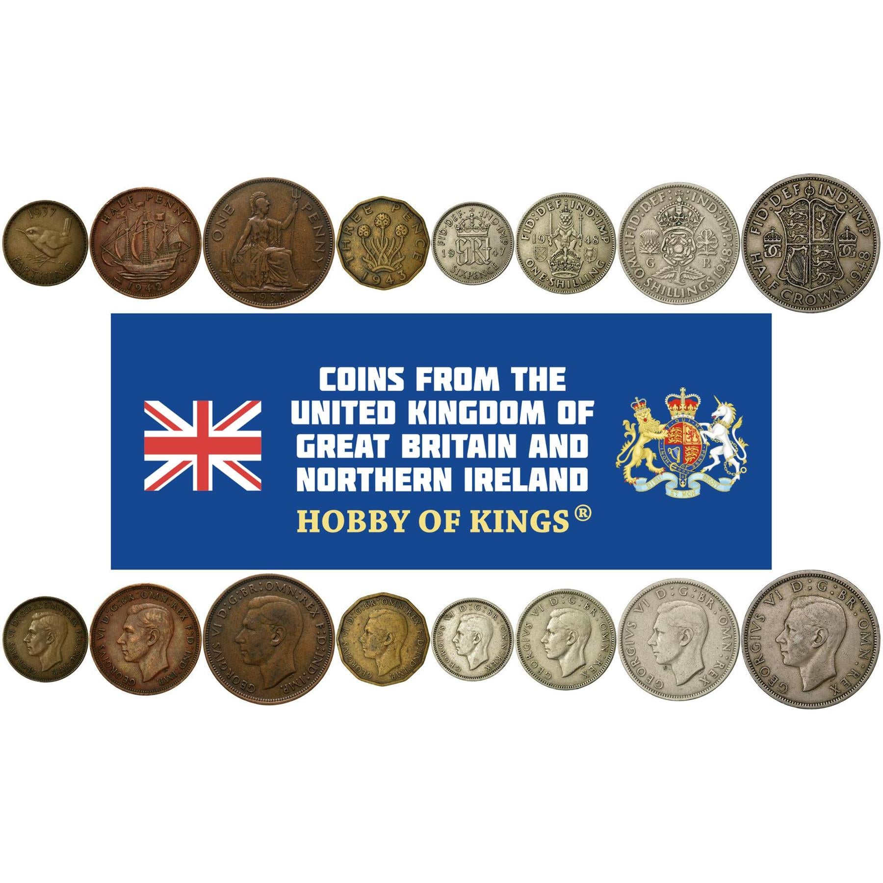 United Kingdom | 8 Coin Set | 1 Farthing 1/2 1 Penny 3 6 Pence 1 Shilling 2 Shillings 1/2 Crown | 1937 - 1948