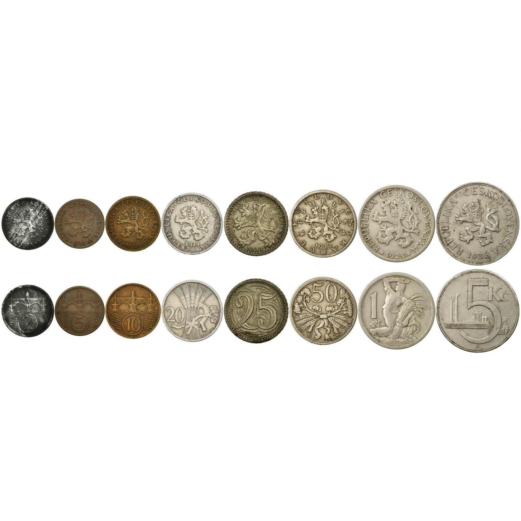 Czechoslovakia | 8 Coin Set | 2 5 10 20 25 50 Hellers 1 Koruna 5 Korun | Charles Bridge | Czech Lion | Slovak Shield | Wheat | Sickle | Linden Branch | Factory | 1921 - 1938