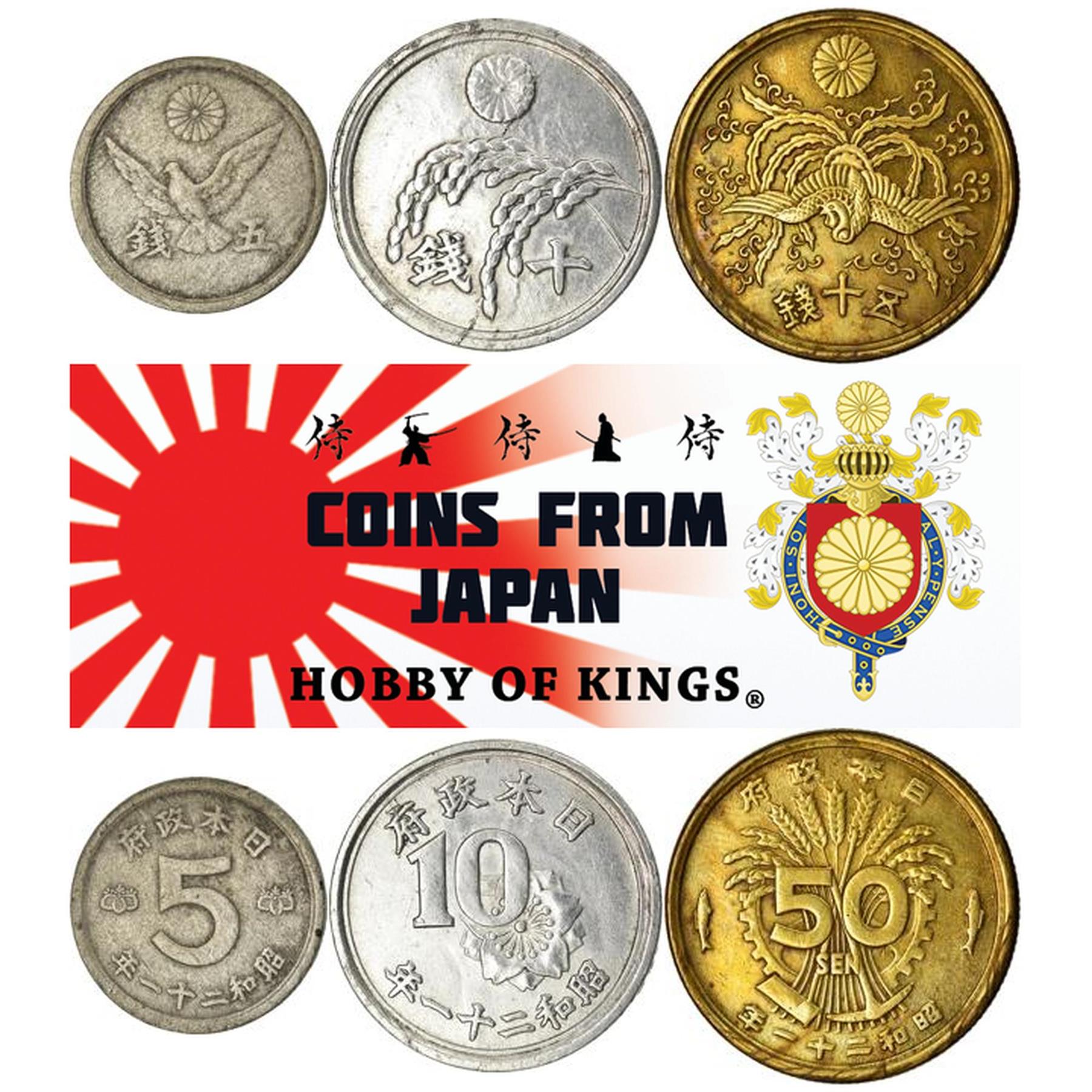 Japan | 3 Coin Set | 5 10 50 Sen | 1945 - 1947