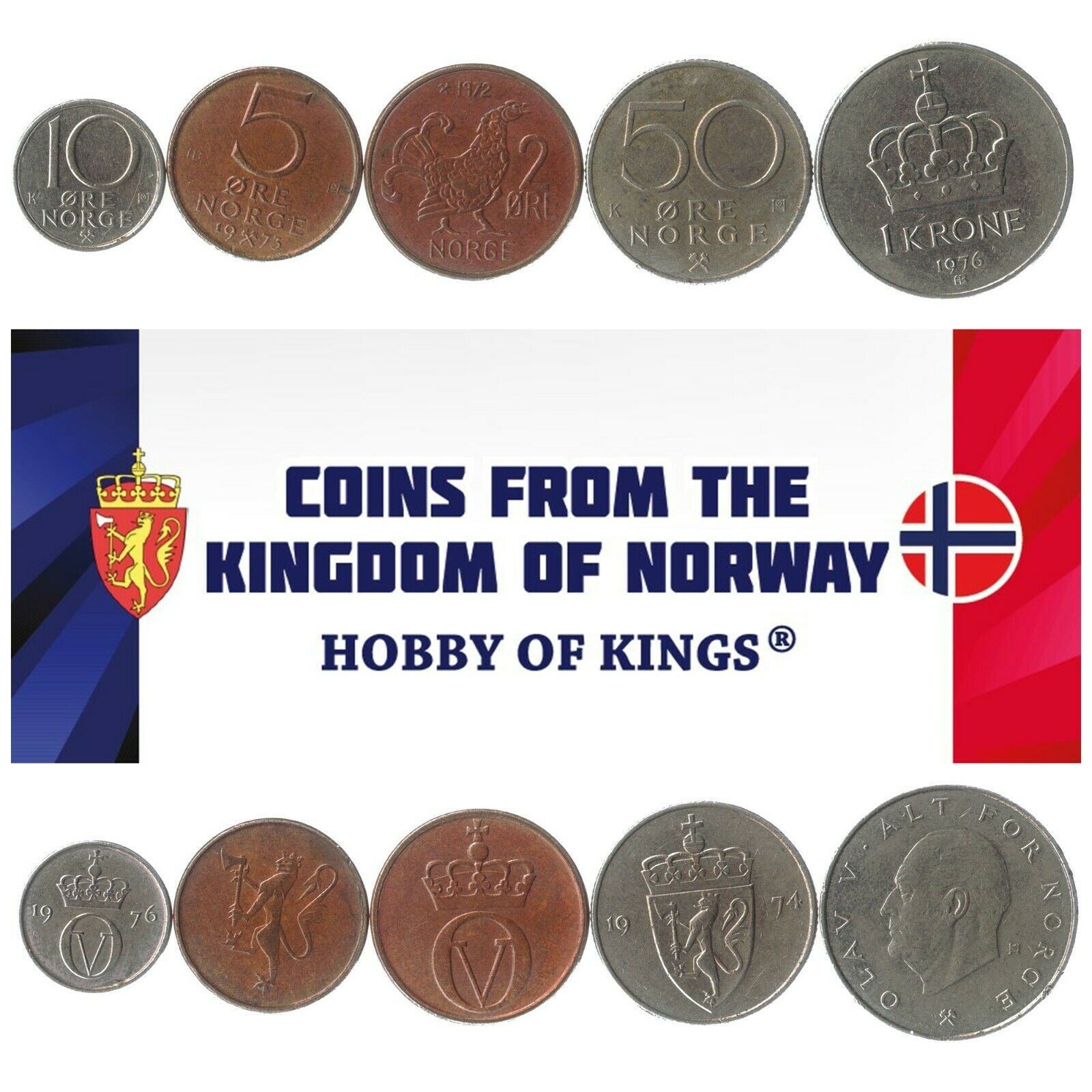 Hobby Of Kings Different Coins - Old Collectible Norwegian Foreign Currency For Collecting Book - Unique Commemorative World Money Sets - Gifts For Collectors - Collection Of 5
