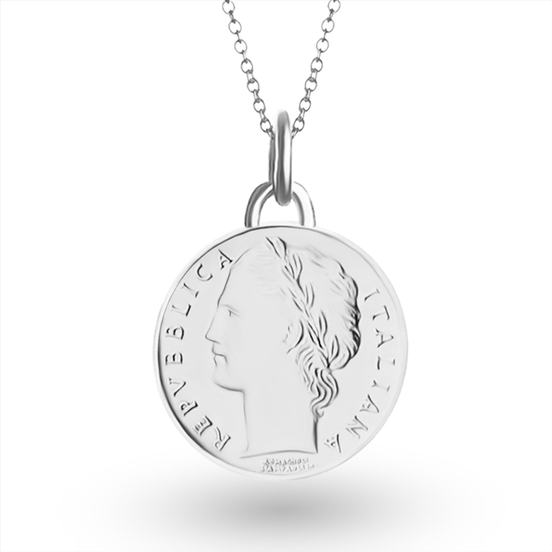 Italian Coin Necklace | Medallion Pendant Jewelry | Rhodium Plated 100 Lira | Goddess Minerva | 1990 - 1992