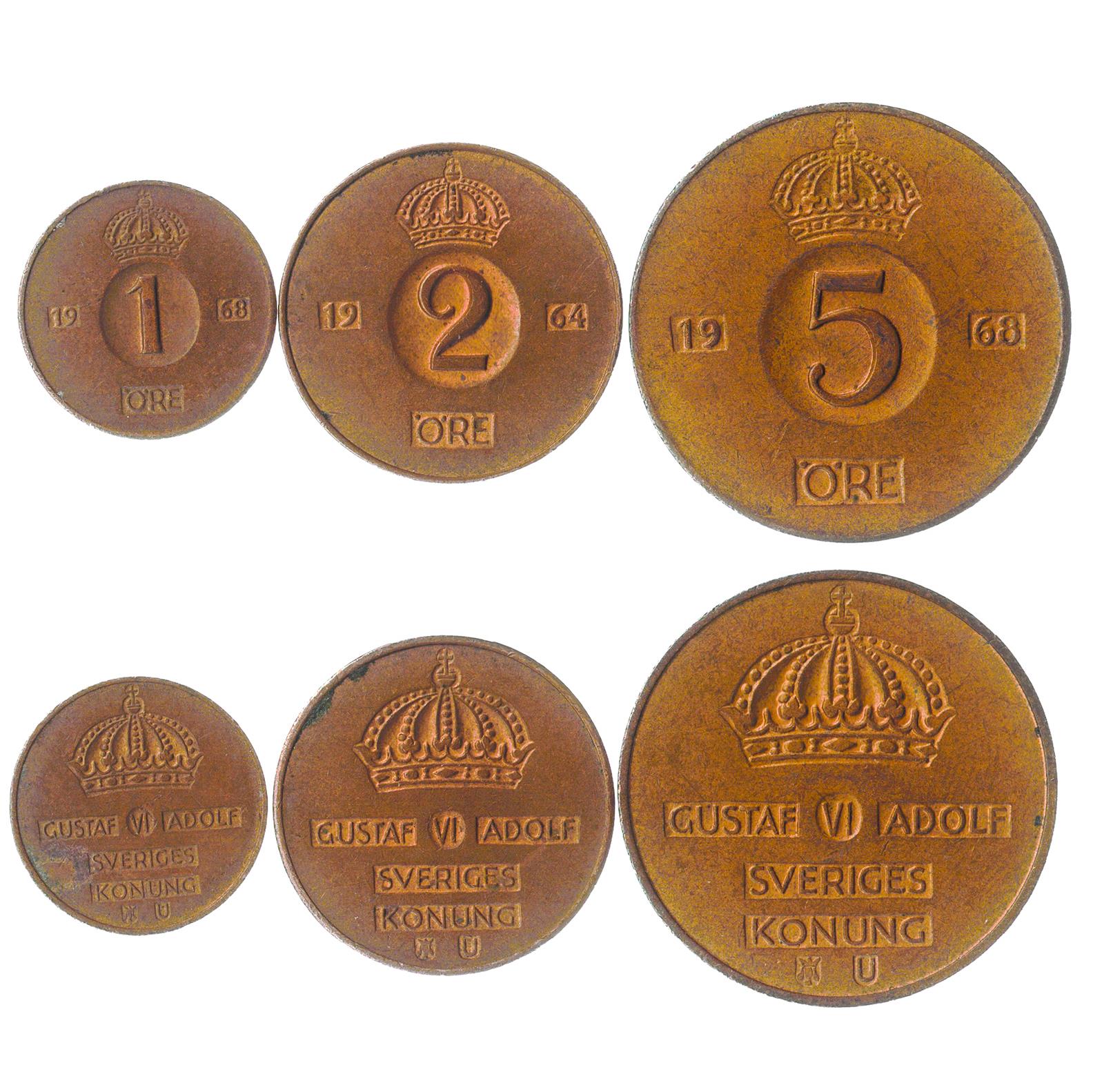 Swedish 3 Coin Set 1 2 5 Öre | Crown | Sweden | 1952 - 1971