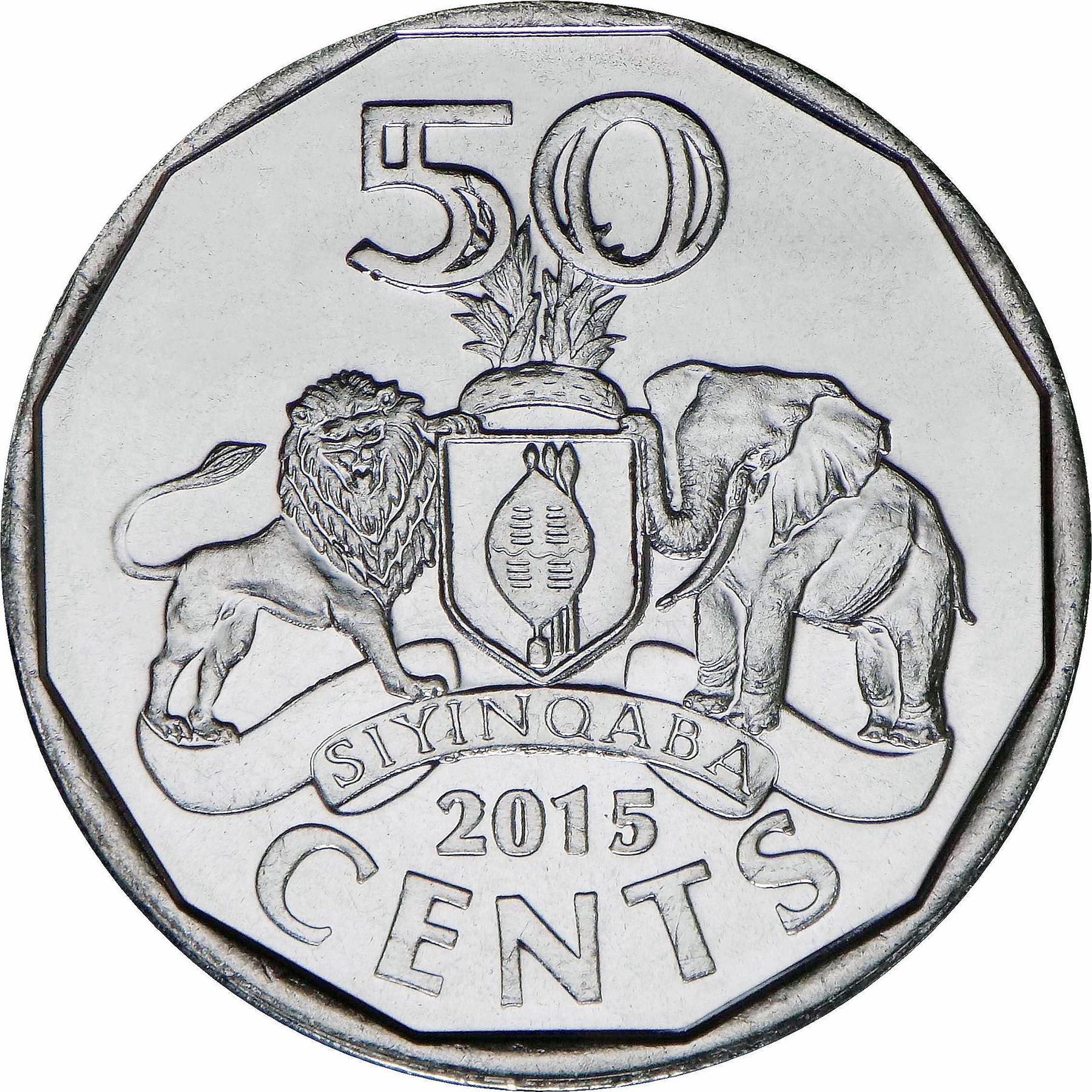 Kingdom of Swaziland | 50 Cents Coin | King Mswati III | Lion | Elephant | KM:65 | 2015