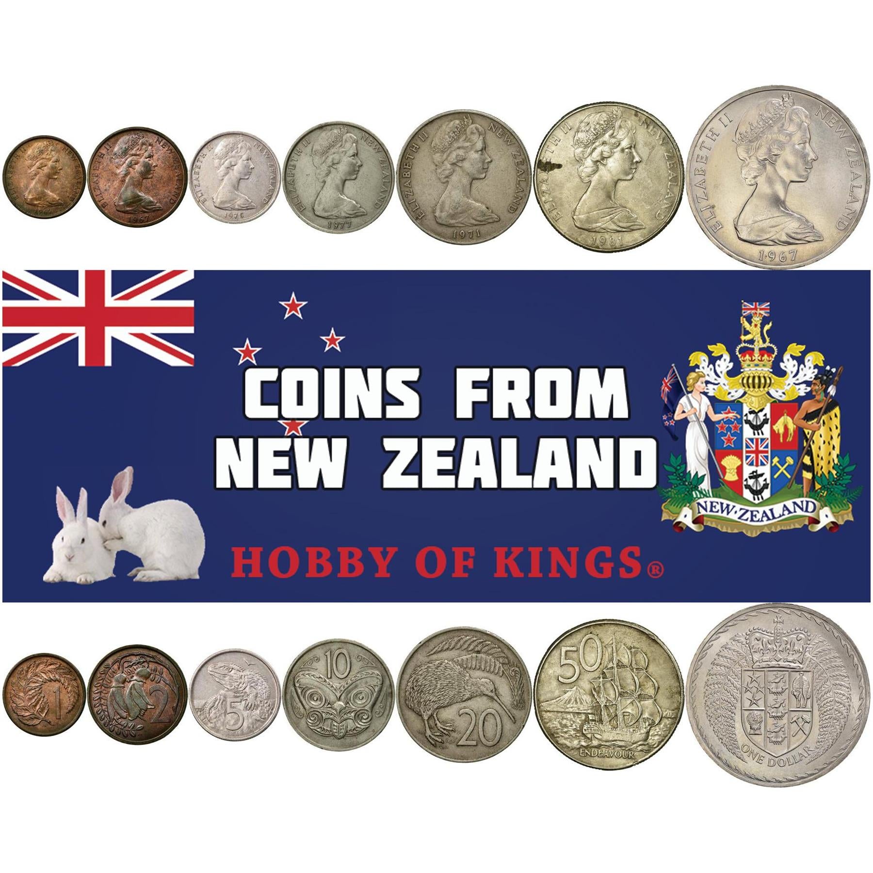 New Zealand | 7 Coin Set | 1 Cent 2 5 10 20 50 Cents 1 Dollar | 1967 - 1985