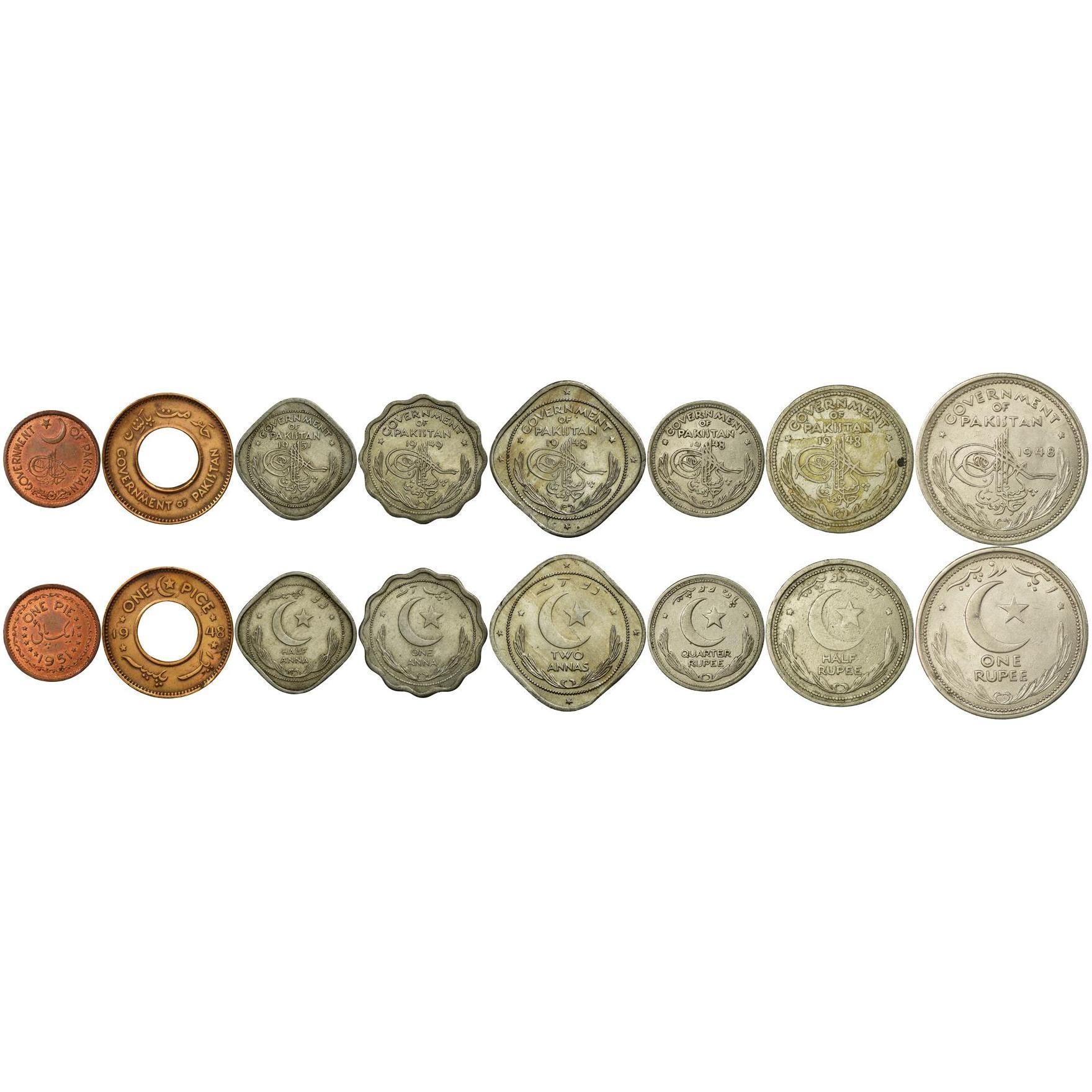 Set 8 Coins Pakistan 1 Pie 1 Pice 1/2 1 2 Annas 1/4 1/2 1 Rupees 1948 - 1952