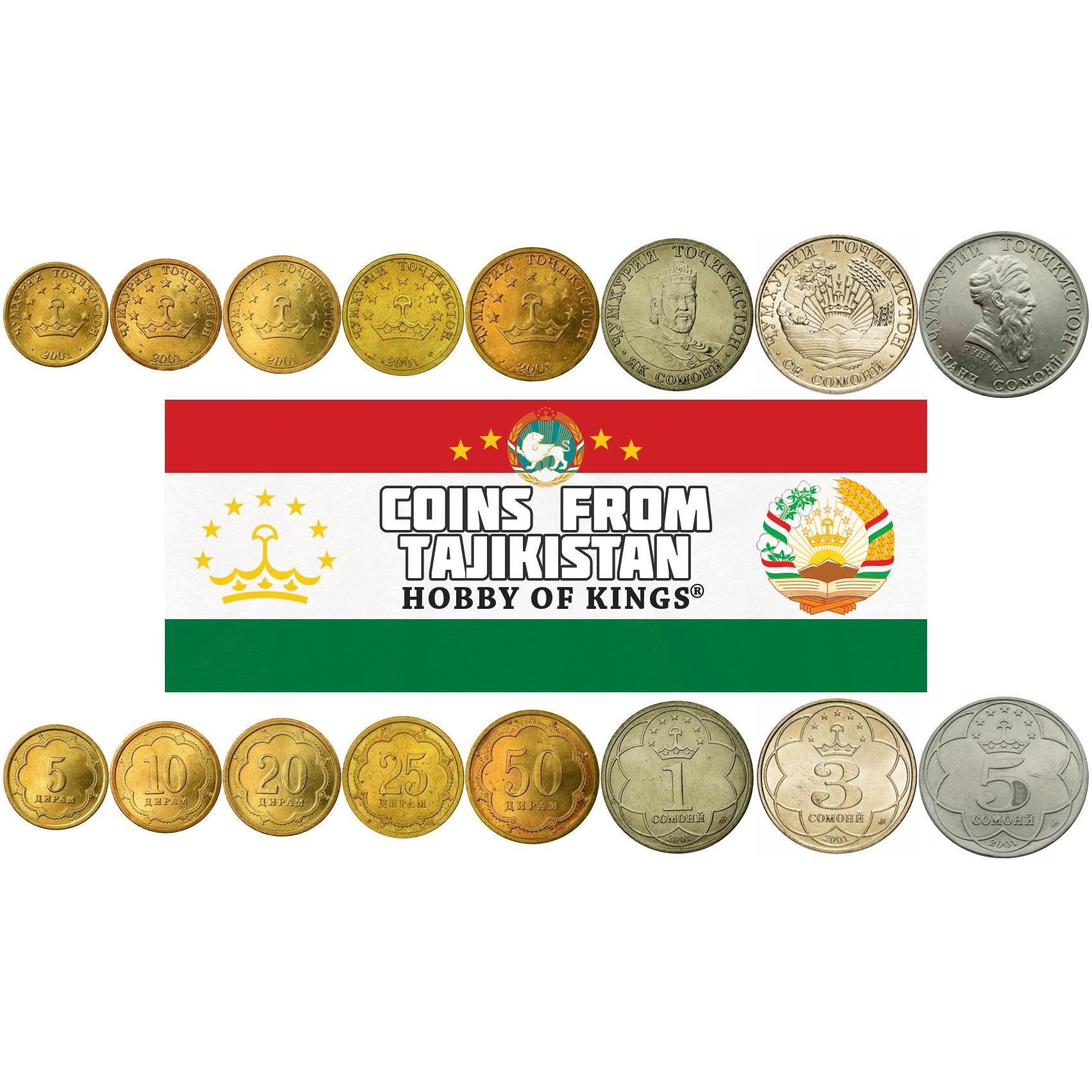 Tajikistan | 8 Coin Set | 5 10 20 25 50 Diram 1 3 5 Somoni | 2001