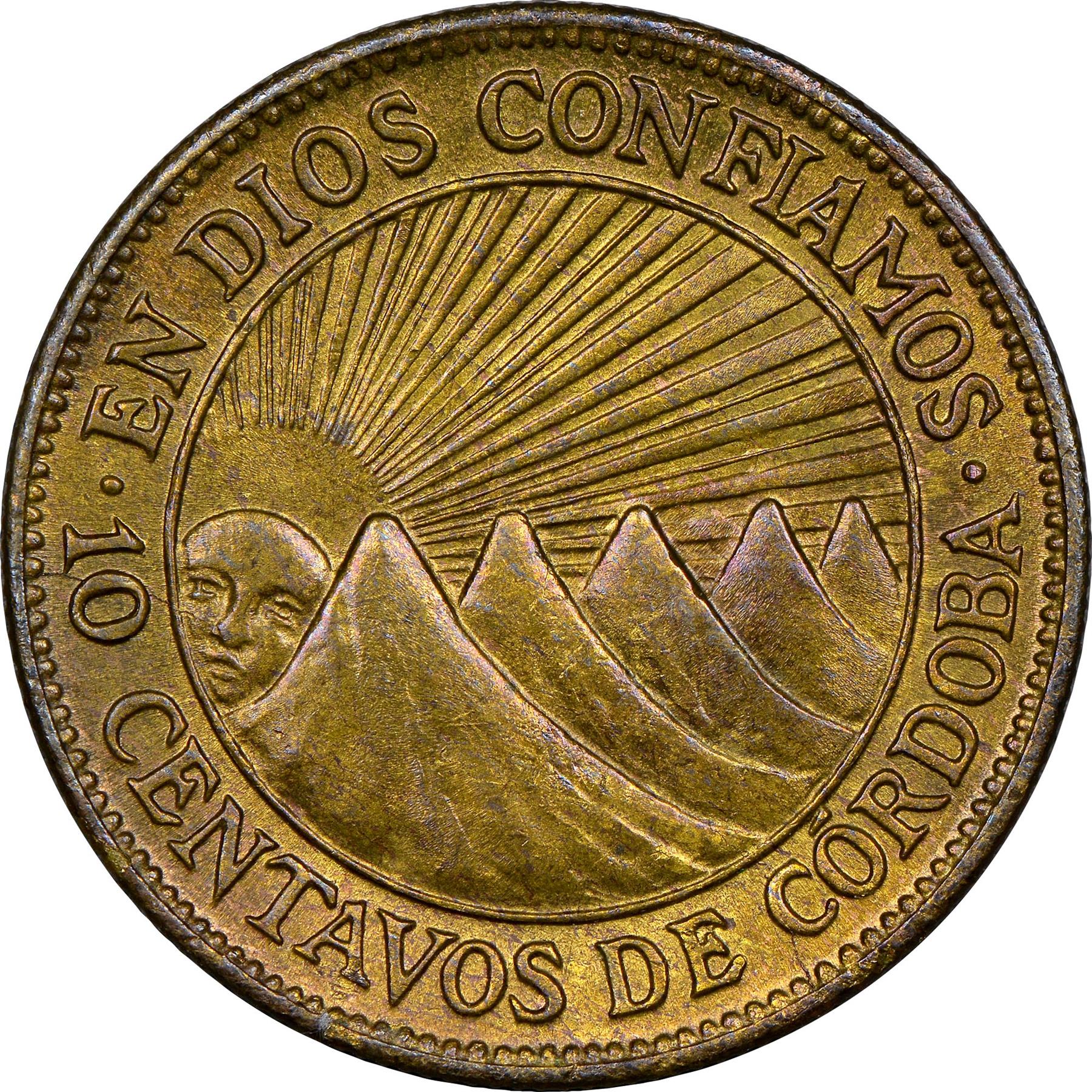Nicaragua | 10 Centavos Coin | Explorer | Sun | Volcanos | Km:22 | 1943