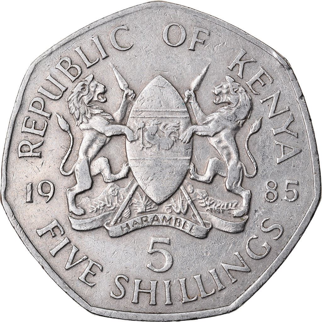 Kenya 5 Shilling | Skjold | Øks | Løve | Fugl | Spyd Mynt | KM23 | 1985