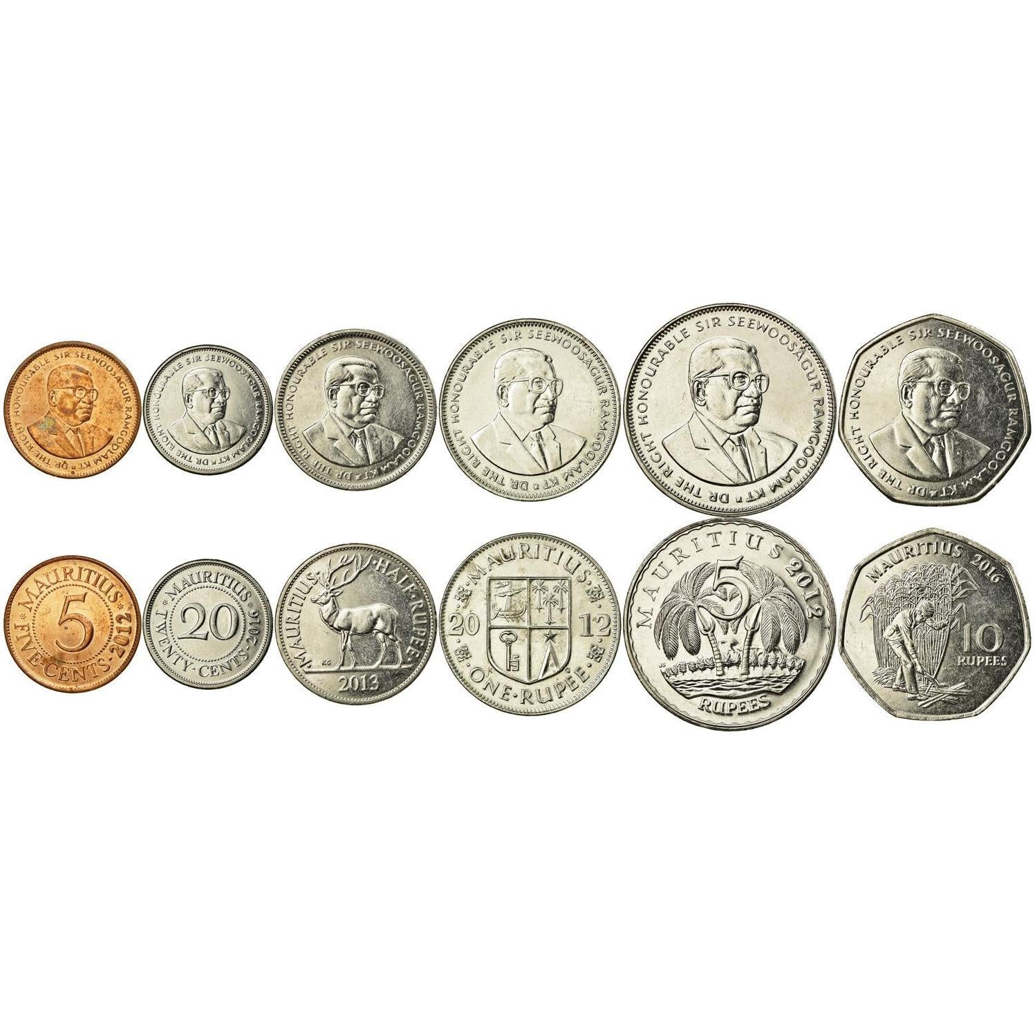 Mauritius | 6 Coin Set | 5 20 Cents 1/2 1 Rupee 5 10 Rupees | 2012 - 2023