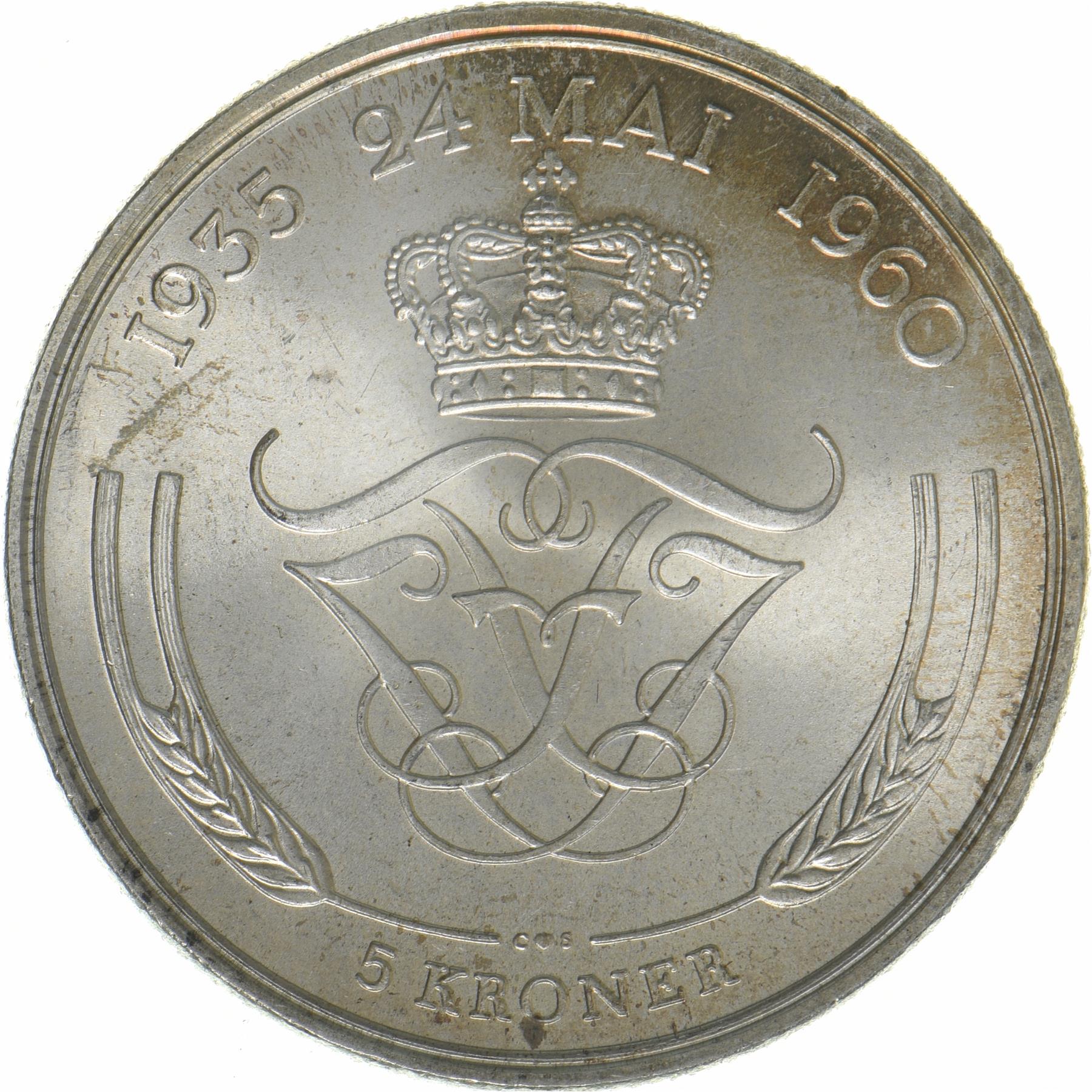 Denmark | 5 Kroner Coin | Silver | Silver Wedding Anniversary | KM:852 | 1960