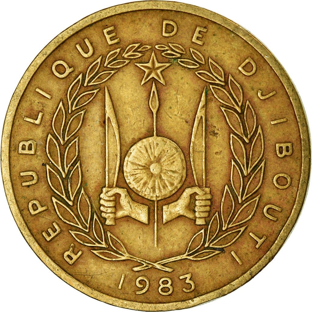 Djibouti | 10 Francs Coin | Knife | Spear | Shield | Dhow | Ocean Liner | Km:23 | 1977 - 2017