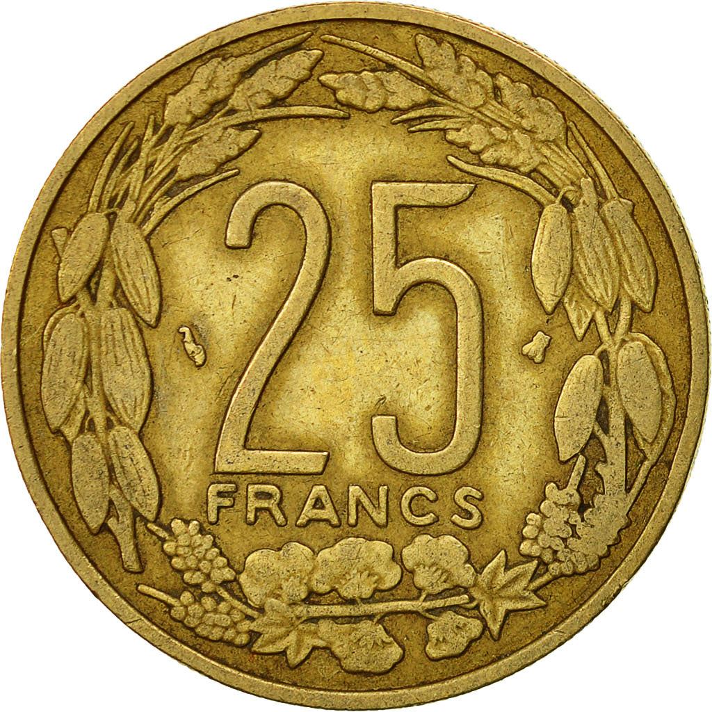 Central African States | 25 Francs Cfa Coin | Antelope | Crops | Km:10 | 1975 - 2003