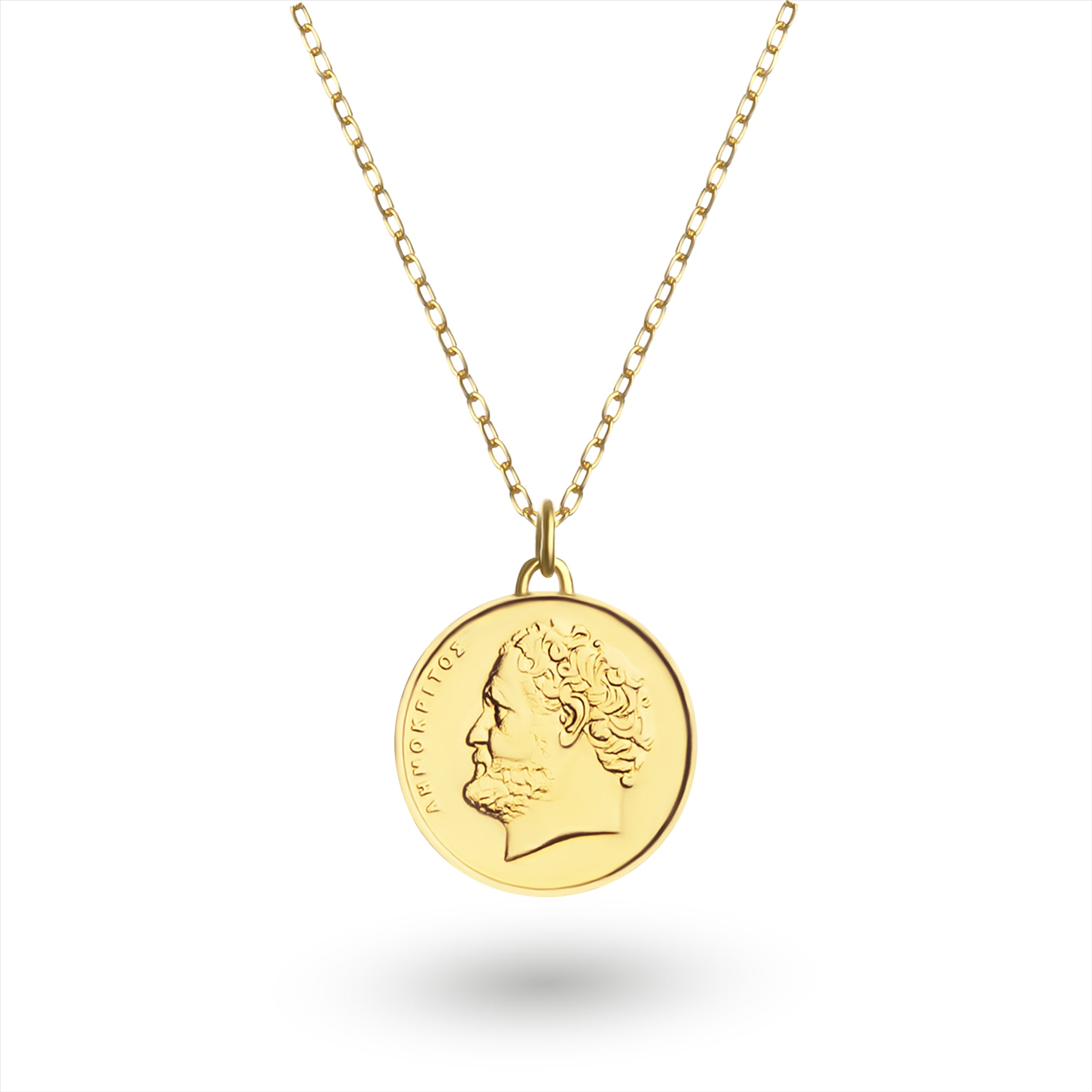 Greek Coin Necklace | Medallion Pendant Jewelry | 18K Gold Plated 10 Drachmes | Democritus | 1976 - 2000