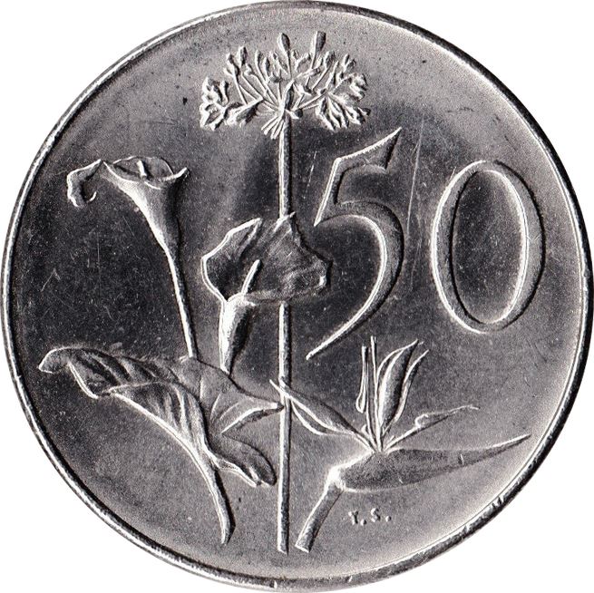 South Africa | 50 Cents Coin | Founder of Cape Town | Flowers | Lilies | Bird of Paradise | Km:70.2 | 1965 - 1969