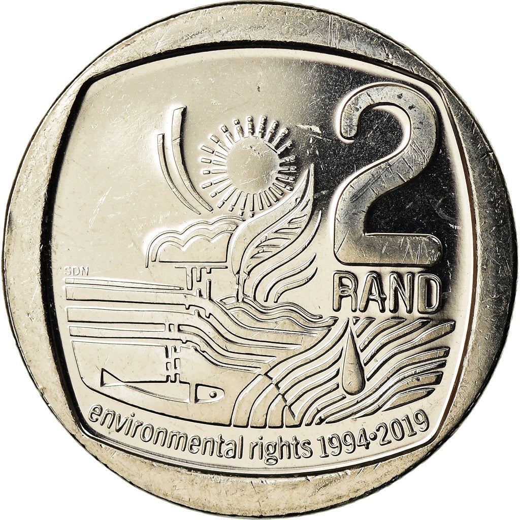 South Africa | 2 Rand Coin | Sun | Tree | Water | Fish | Environmental Rights | Km:695 | 2019