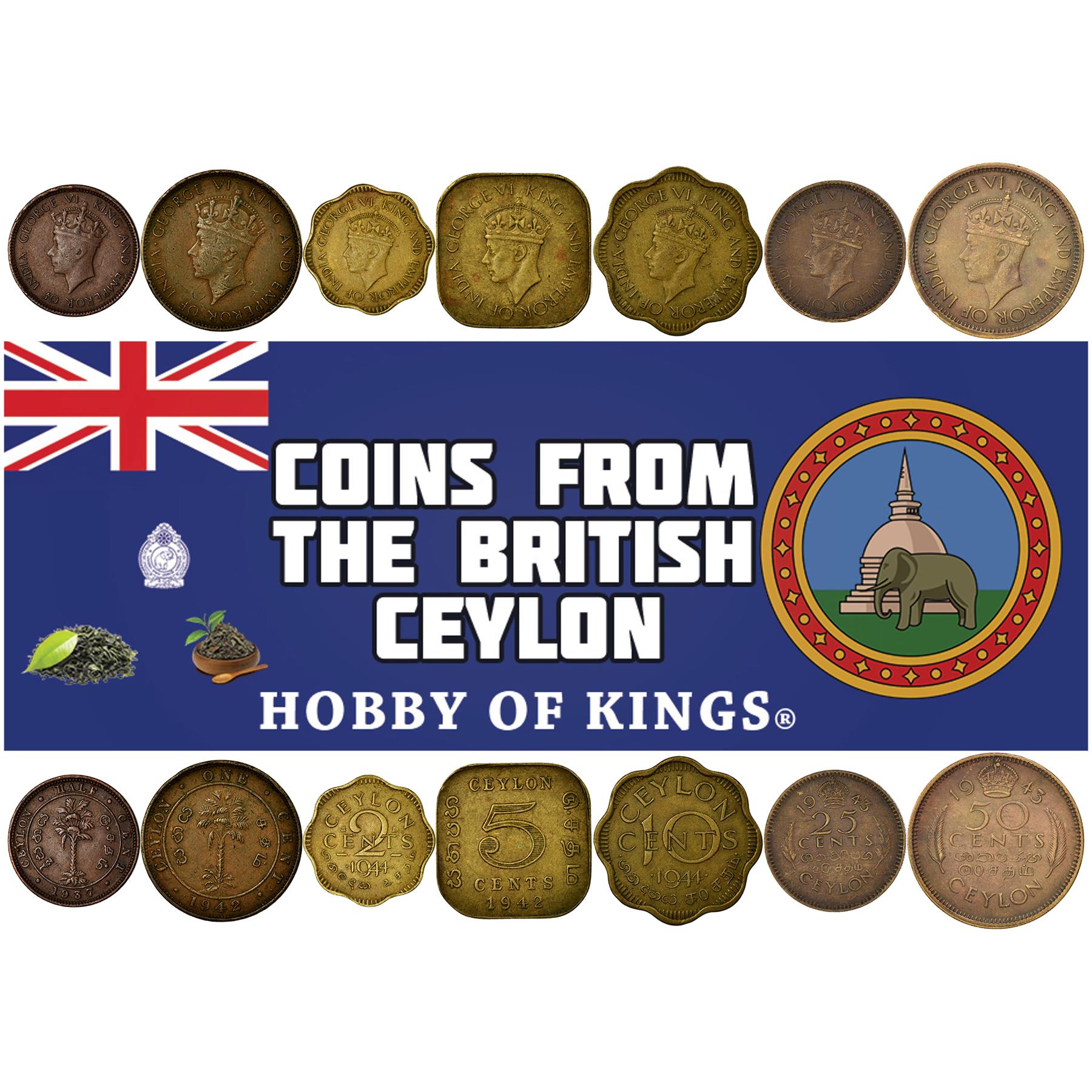 Ensemble de 7 pièces du Sri Lanka 1/2 1 2 5 10 25 50 Centimes | George VI | Palmiers | Ceylan | 1937 - 1945