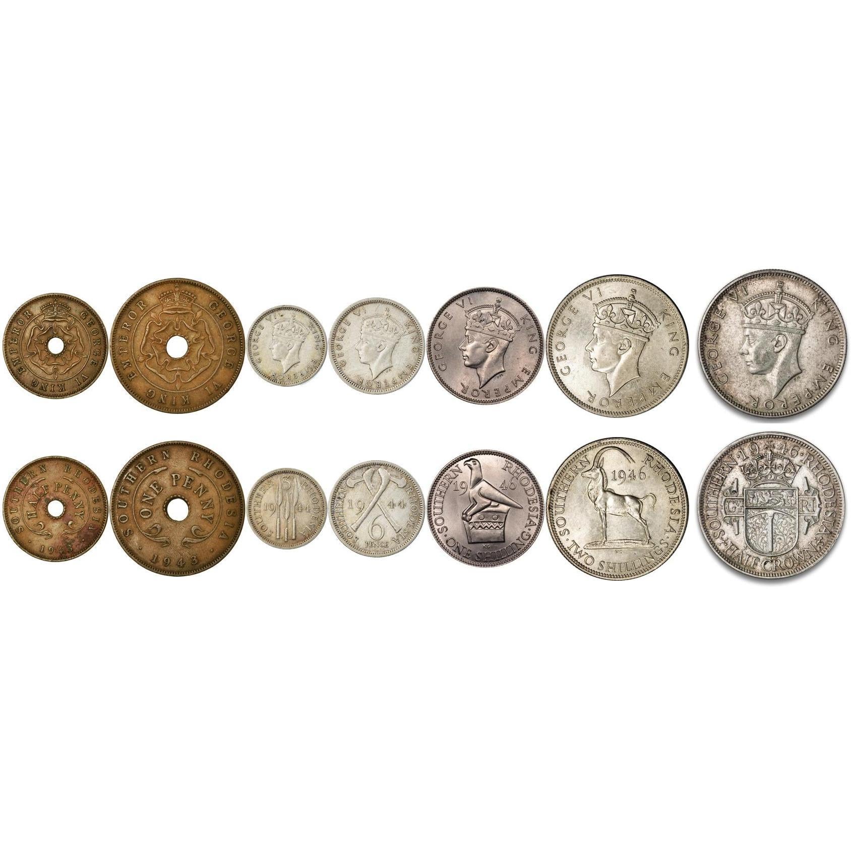 Southern Rhodesia | 7 Coin Set | 1/2 1 Penny 3 6 Pence 1 Shilling 2 Shillings 1/2 Crown | 1942 - 1947