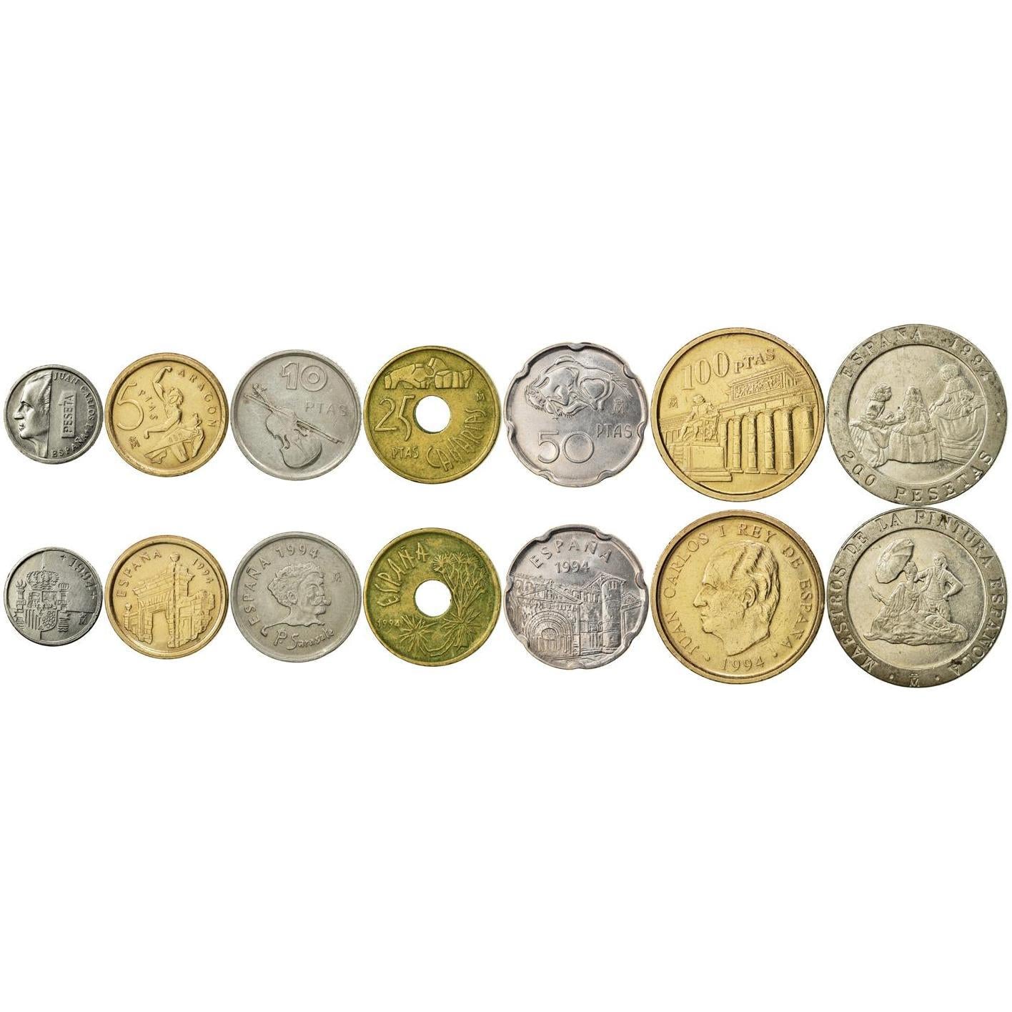 Conjunto de 7 Monedas Españolas 1 5 10 25 100 100 200 Pesetas | Juan Carlos I | Pablo Sarasate | Colegiata de Santillana | Museo Nacional del Prado | Monumento a Velázquez | Drago | Violín | España | 1994