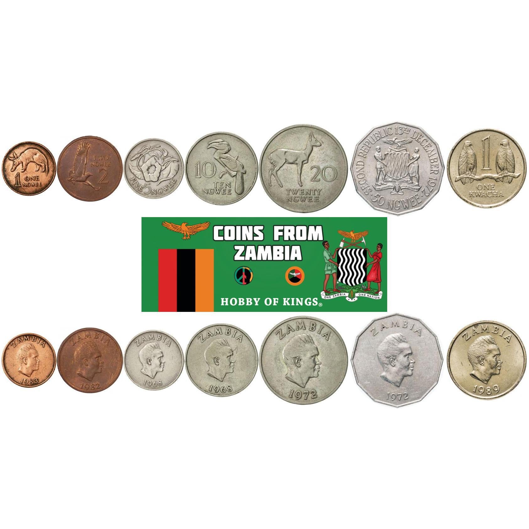 Zambia | 7 Coin Set | 1 2 5 10 20 50 Ngwee 1 Kwacha | 1968 - 1989