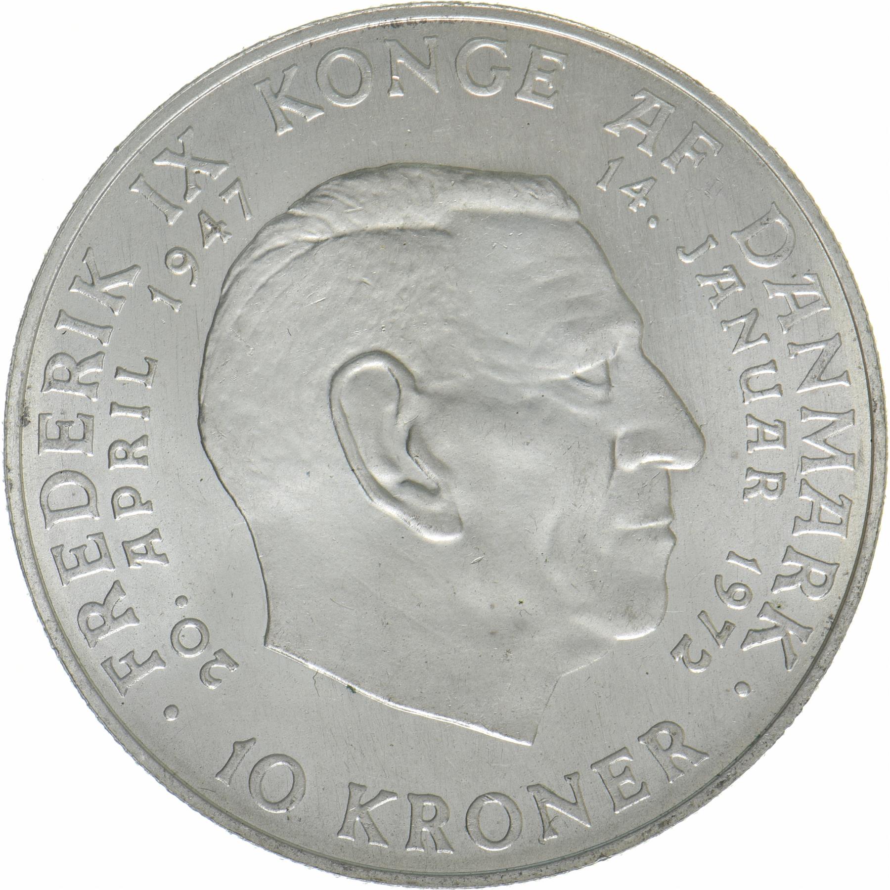 Denmark | 10 Kroner Coin | Silver | Death of Frederik IX and accession of Margrethe II | KM:858 | 1972