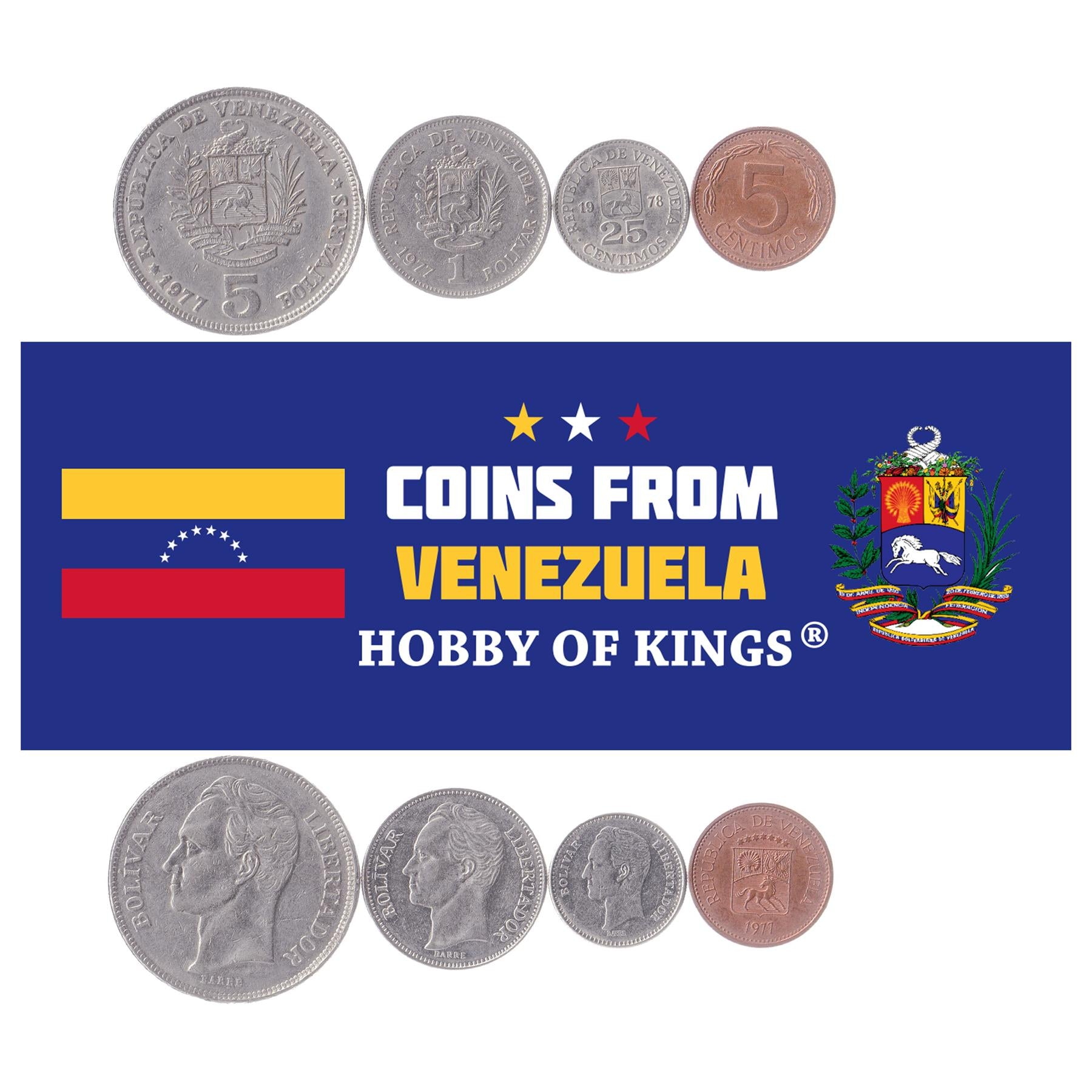 Venezuelan 4 Coin Set 5 25 Céntimos 1 5 Bolívares | Horse | Simón Bolívar | 1974 - 1988