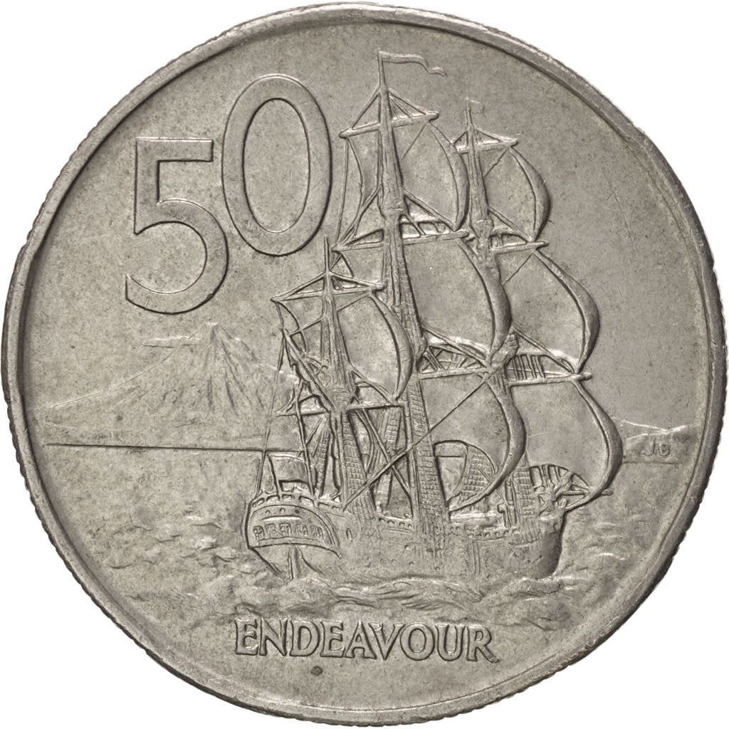 ニュージーランド 50セント硬貨 | エリザベス2世女王 | キャプテン・ジェームズ・クック | HMS エンデバー | KM37 | 1967年 - 1985年
