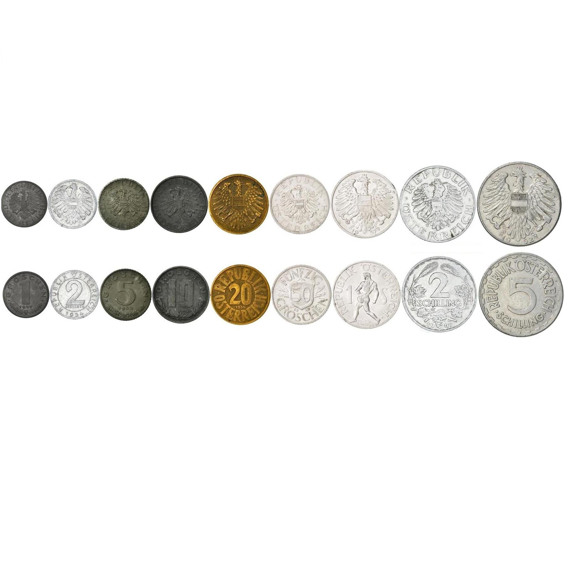 Austria | 9 Coin Set | 1 2 5 10 20 50 Groschen 1 2 5 Schilling | Austrian Escutcheon | Sower | Wine Grape | 1946 - 1957