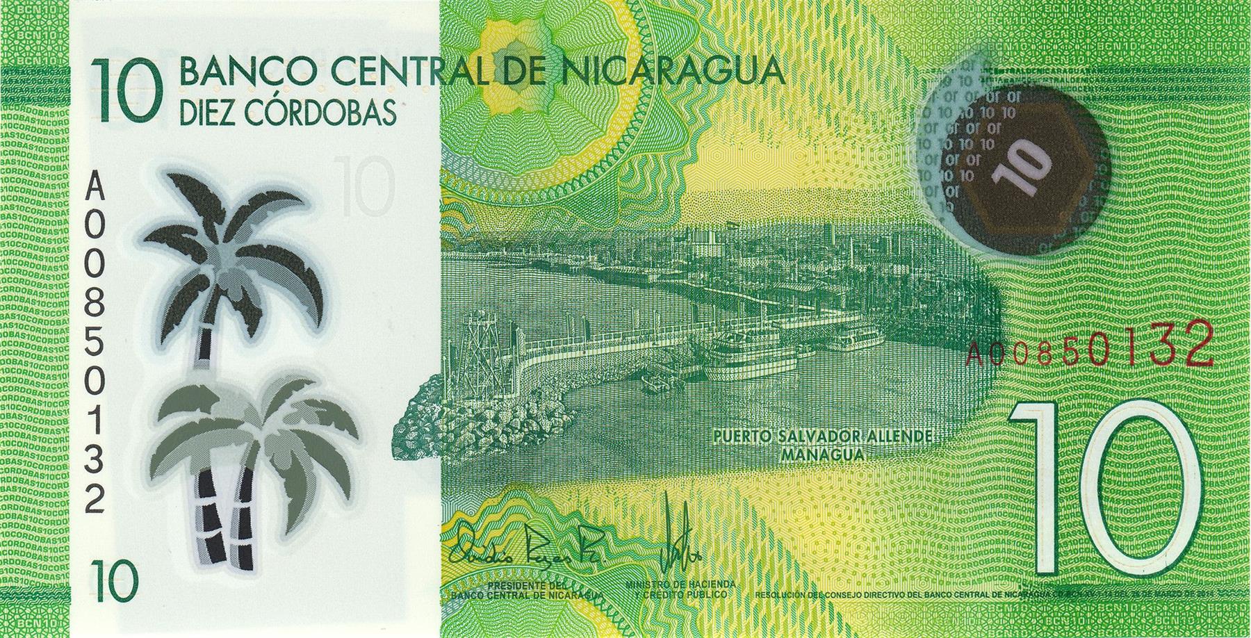 Nicaragua | 10 Cordobas Banknote | 2014 - 2022 | Puerta Salvador Allende | Fiestas Patronales De Managua Dancer | Palm Trees