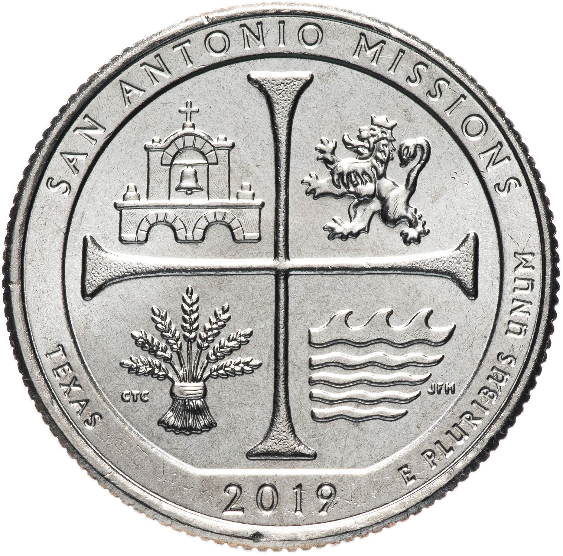 United States | ¼ Dollar | Copper-nickel clad copper | San Antonio Missions National Historical Park, Texas | KM:703 | 2019