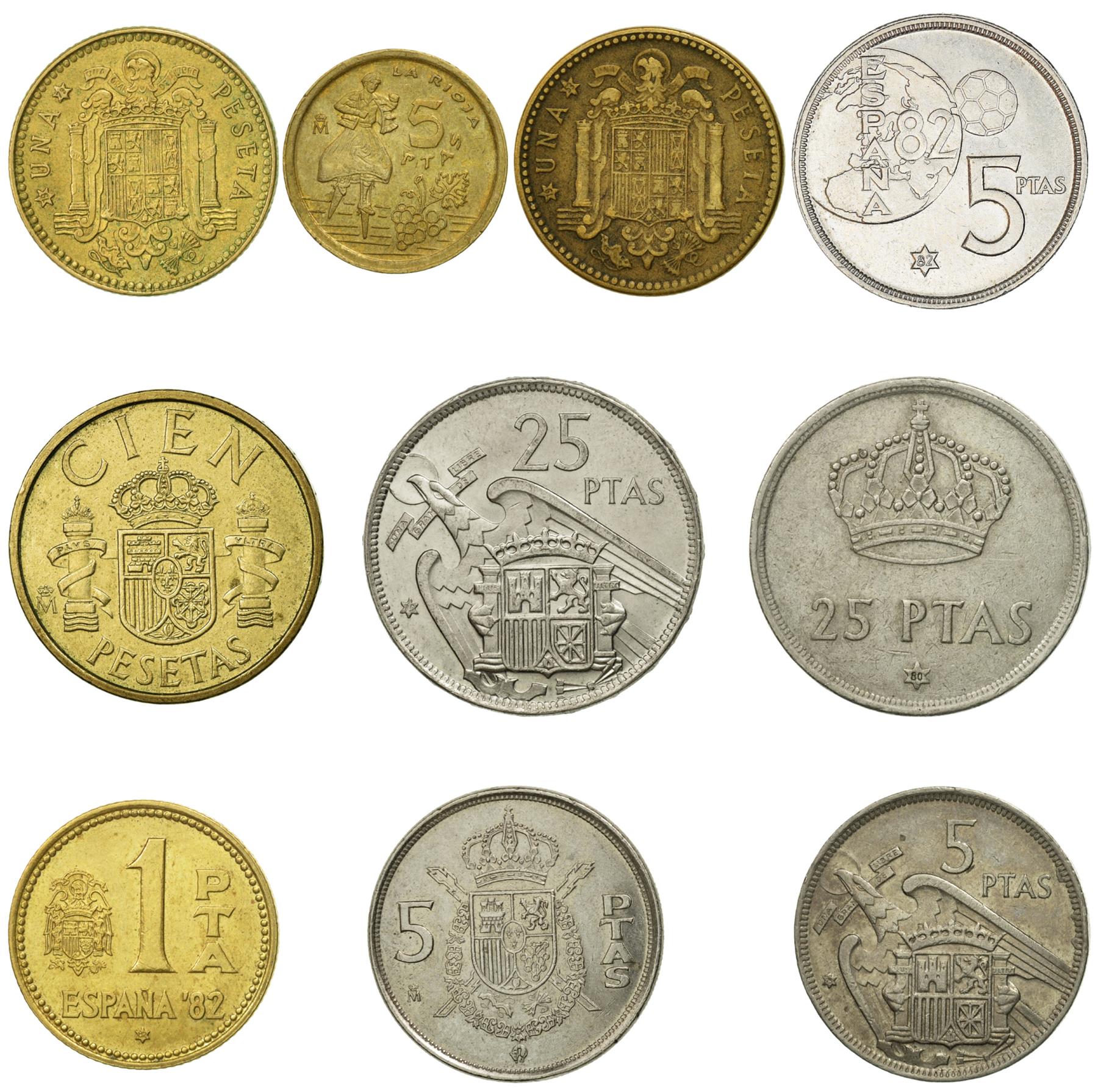 10枚のスペイン硬貨 | スペイン通貨コレクション | 1 - 100ペセタ