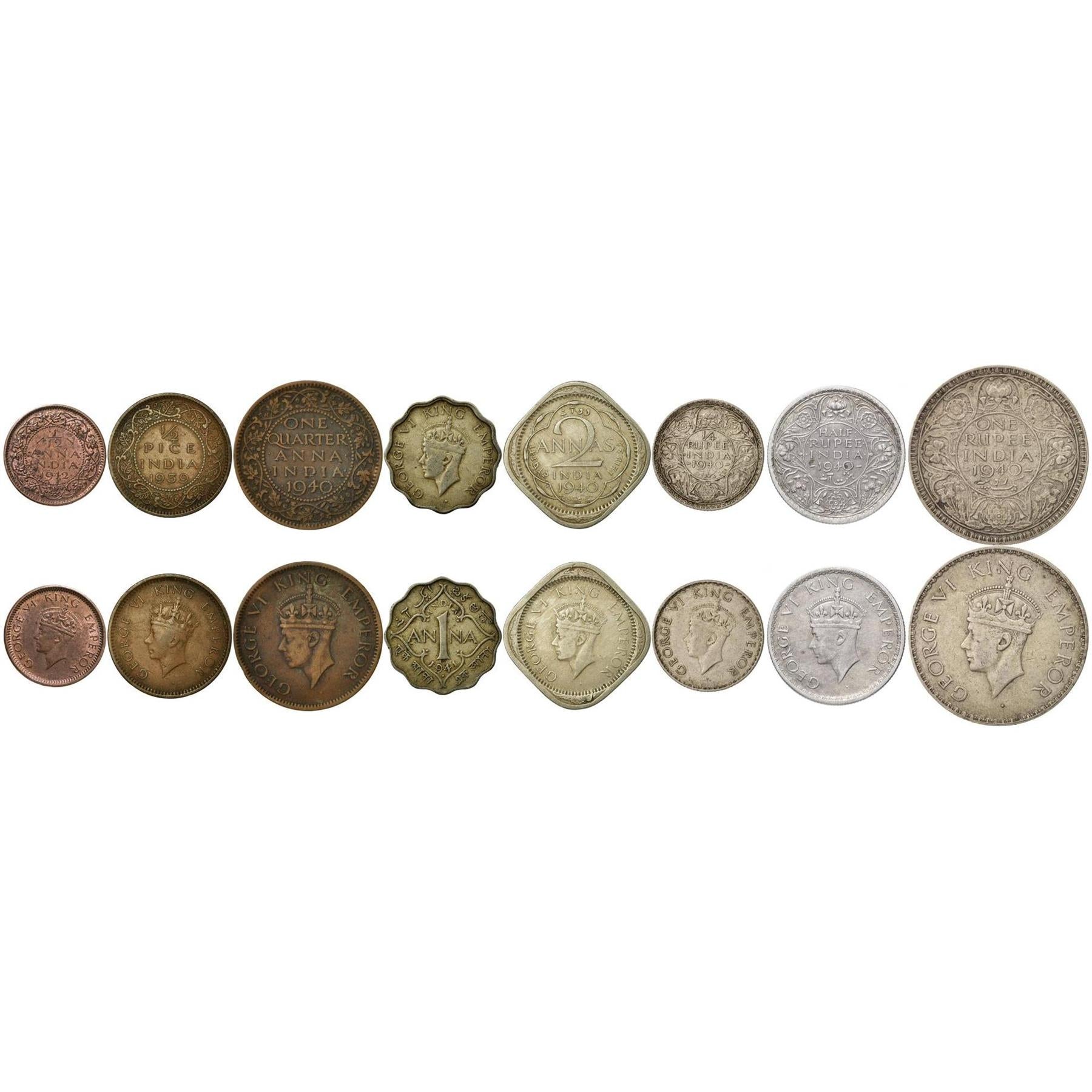 India - British | 8 Coin Set | 1/12 1/4 1 Anna 1/2 Pice 2 Annas 1/4 1/2 1 Rupee | 1938 - 1942