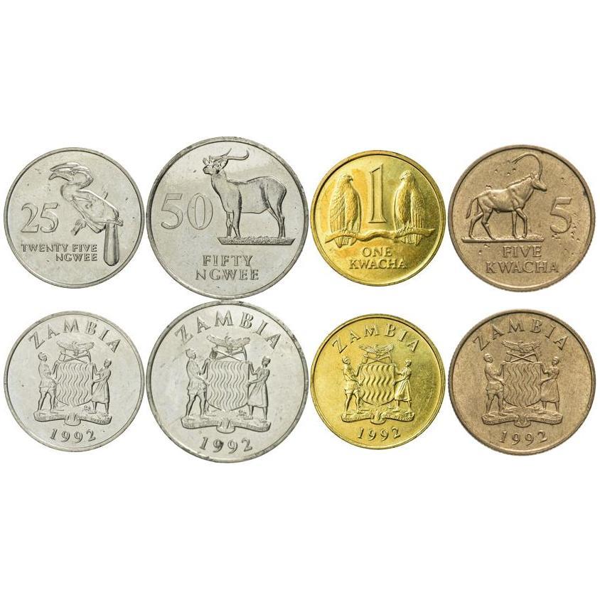 Zambia | 4 Coin Set | 25 50 Ngwee 1 5 Kwacha | 1992
