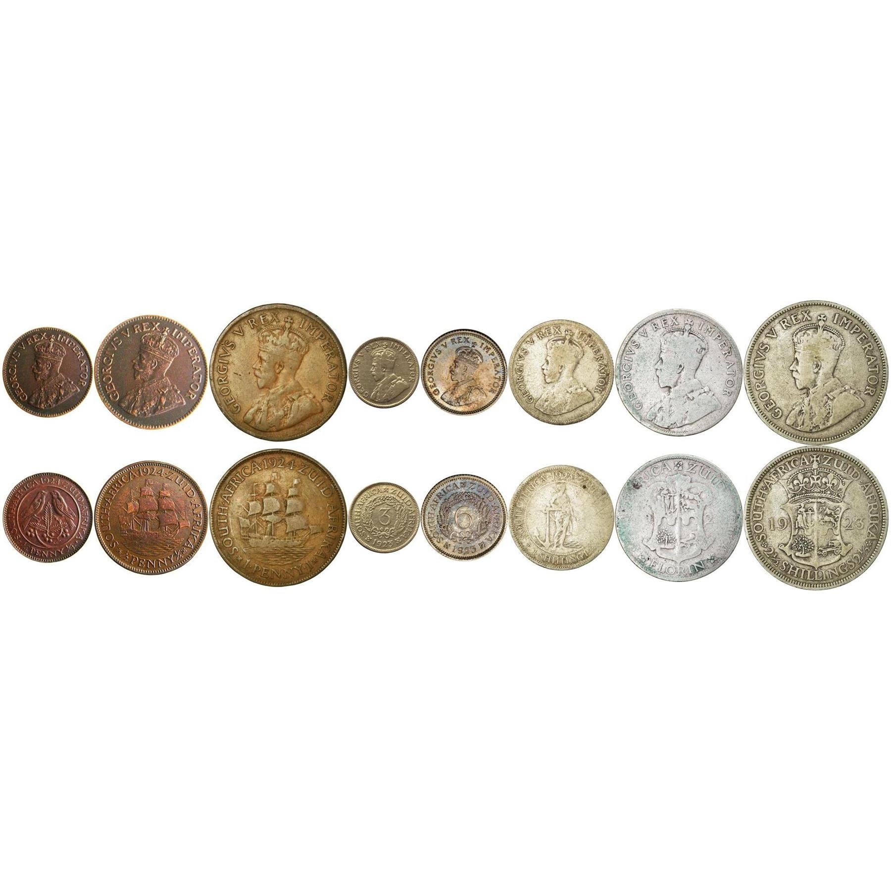 South Africa | 8 Coin Set | 1/4 1/2 1 Penny 3 6 Pence 1 Shilling 1 Florin 2 1/2 Shillings | 1923 - 1930